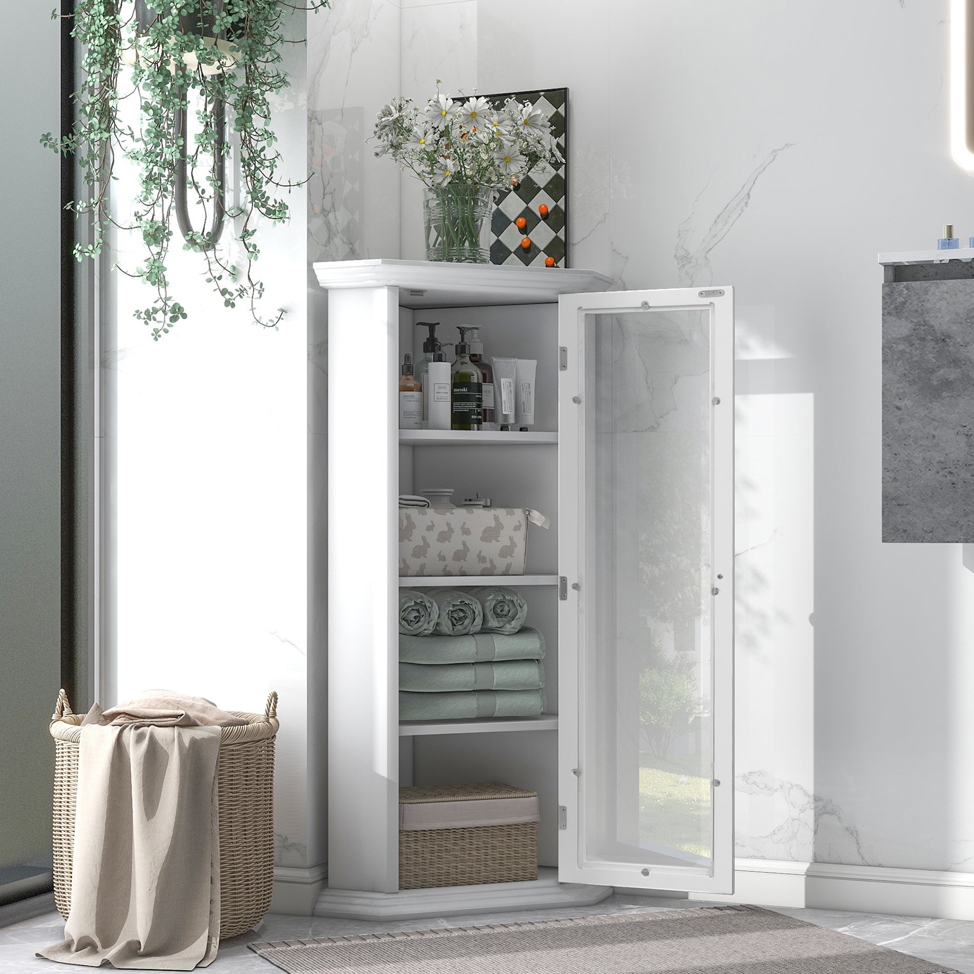 42" Wood 1-door Storage Corner Cabinet with Glass Door