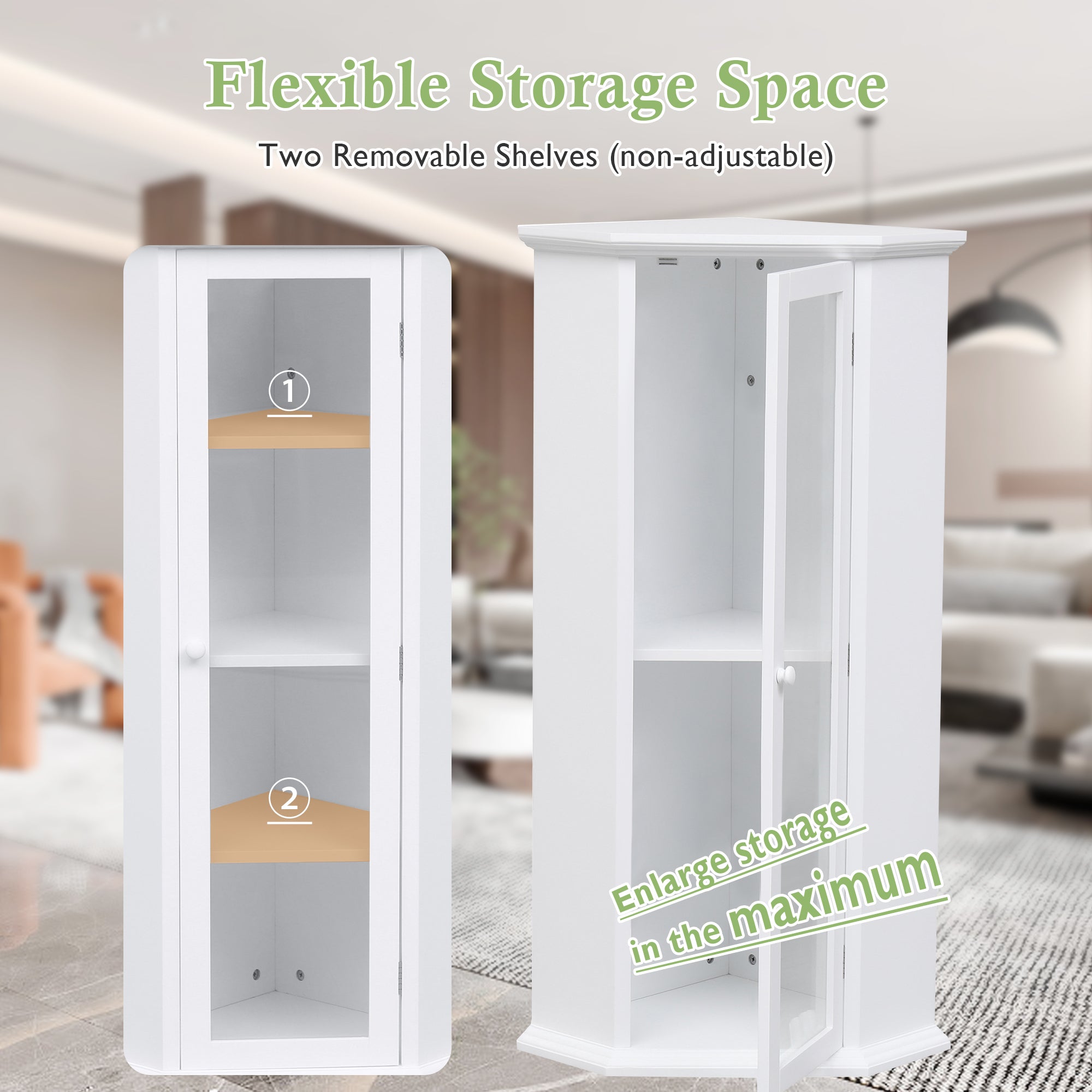 42" Wood 1-door Storage Corner Cabinet with Glass Door