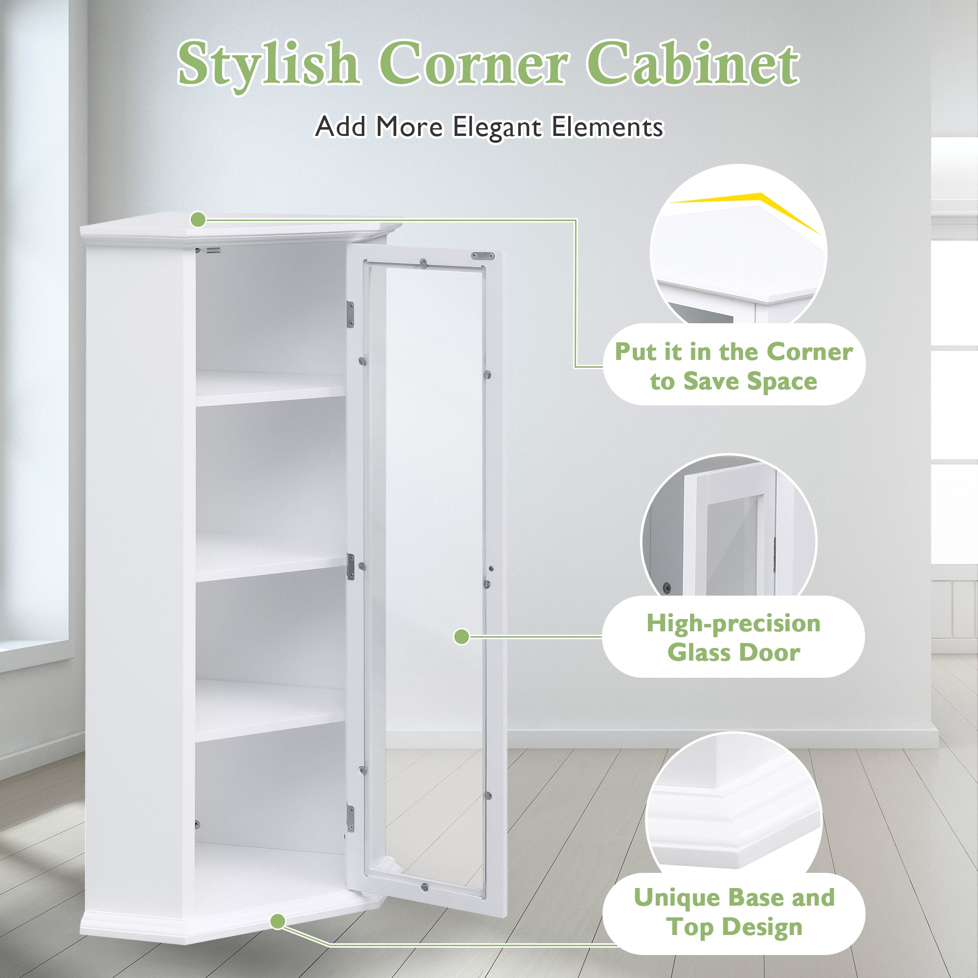 42" Wood 1-door Storage Corner Cabinet with Glass Door