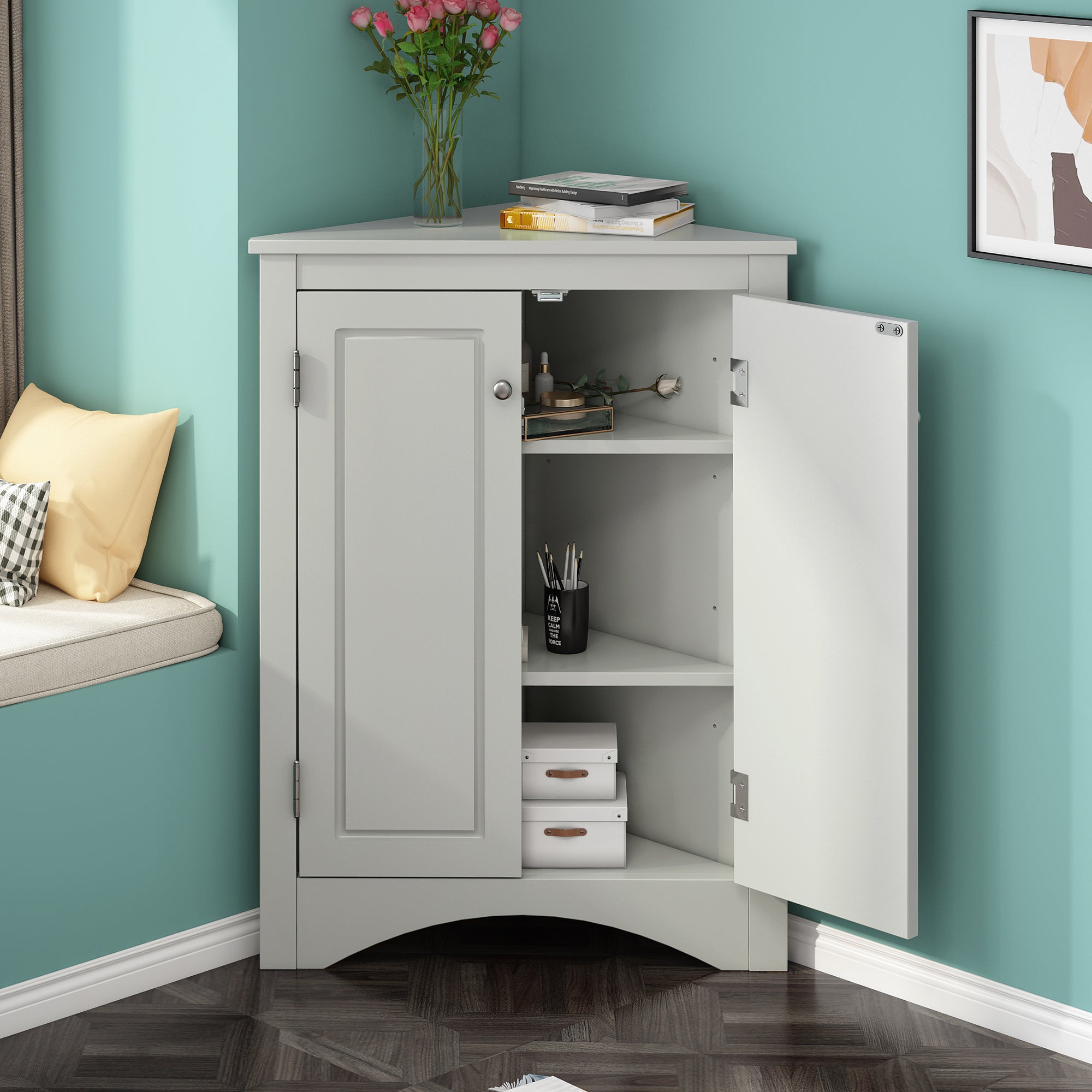 32" Wood 2-door Bathroom Corner Cabinet with Adjustable Shelves