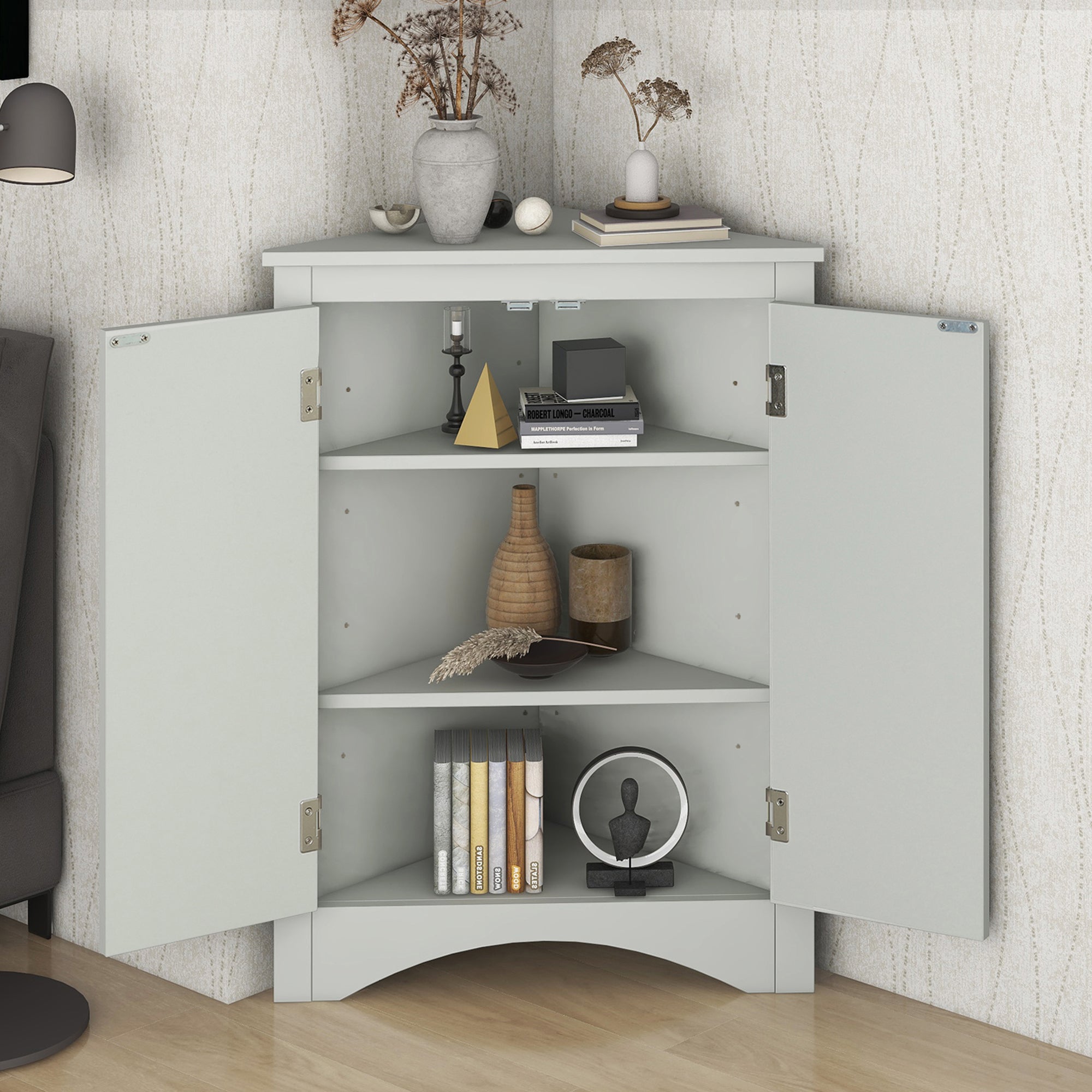 32" Wood 2-door Bathroom Corner Cabinet with Adjustable Shelves
