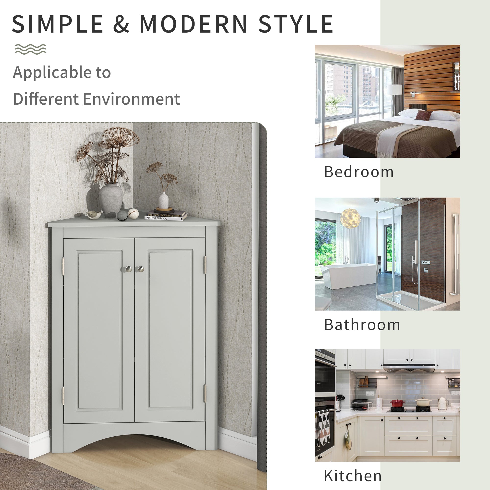 32" Wood 2-door Bathroom Corner Cabinet with Adjustable Shelves