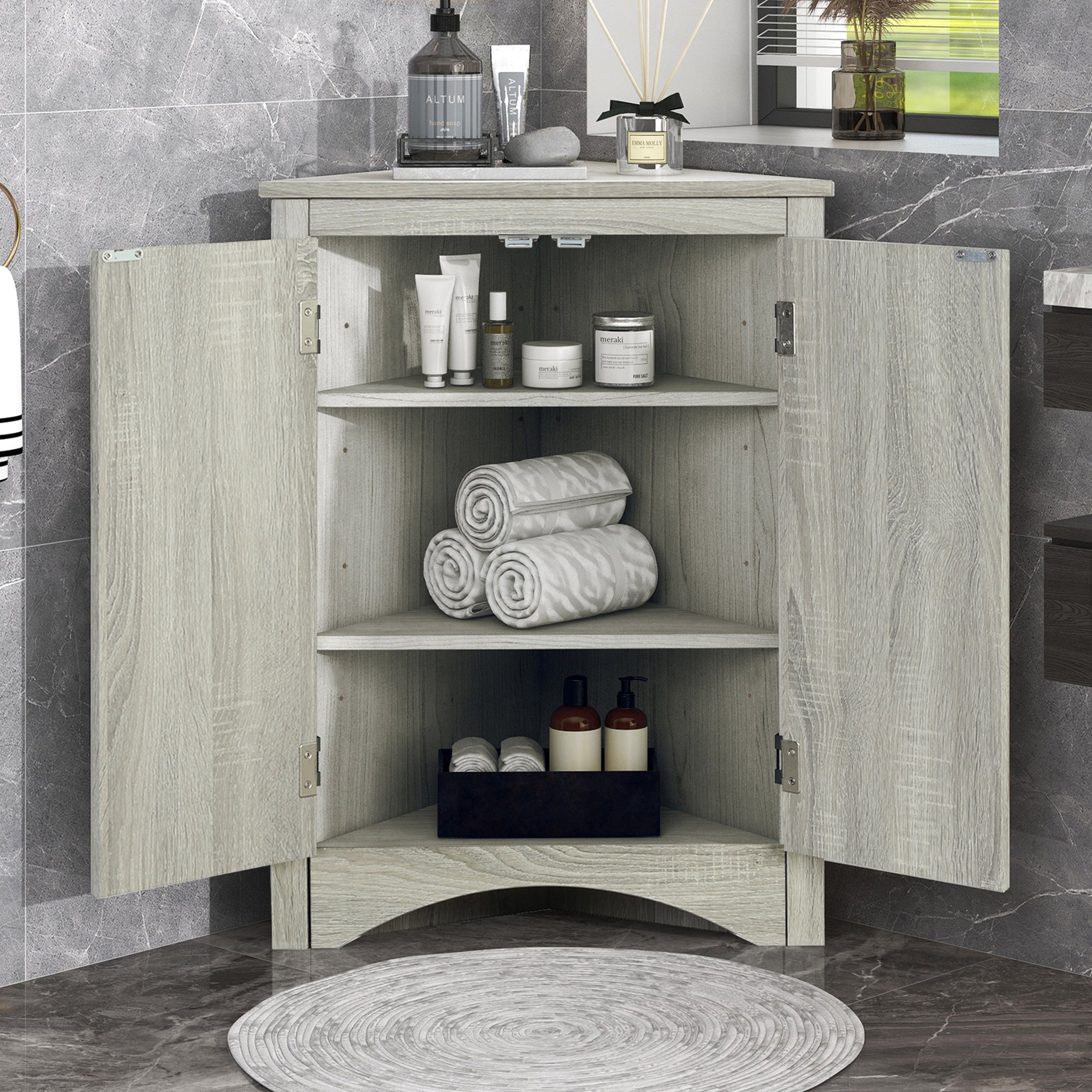 32" Wood 2-door Bathroom Corner Cabinet with Adjustable Shelves