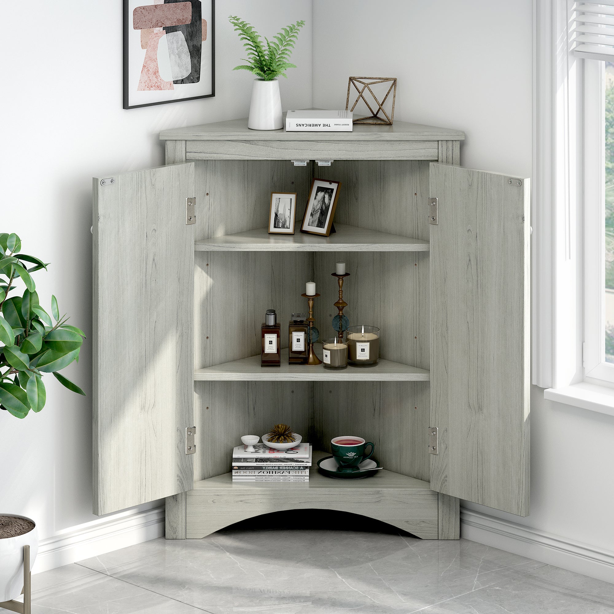 32" Wood 2-door Bathroom Corner Cabinet with Adjustable Shelves