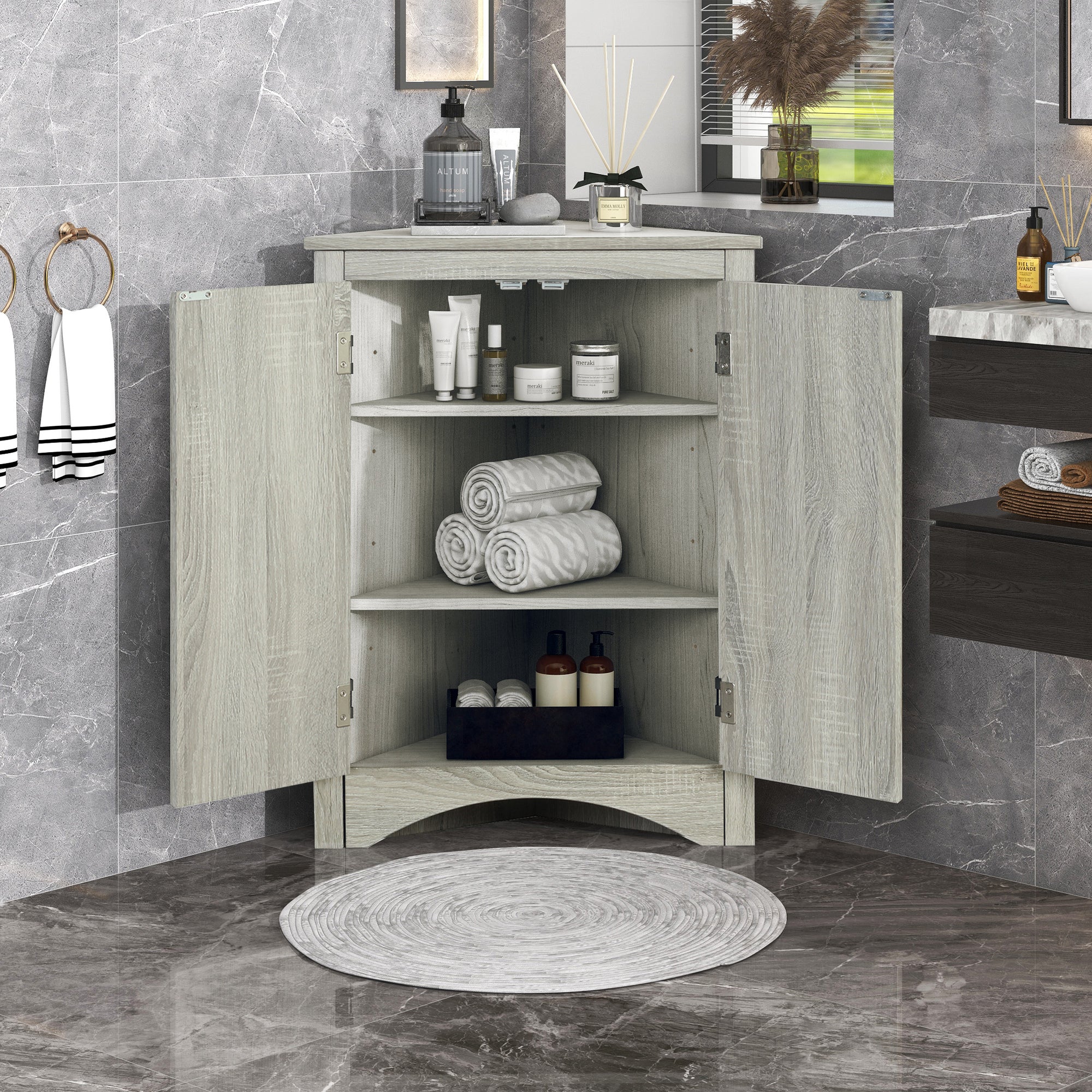 32" Wood 2-door Bathroom Corner Cabinet with Adjustable Shelves