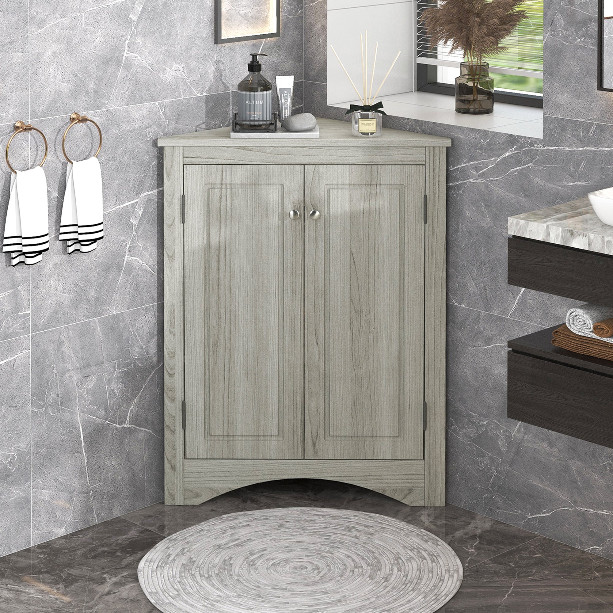 32" Wood 2-door Bathroom Corner Cabinet with Adjustable Shelves