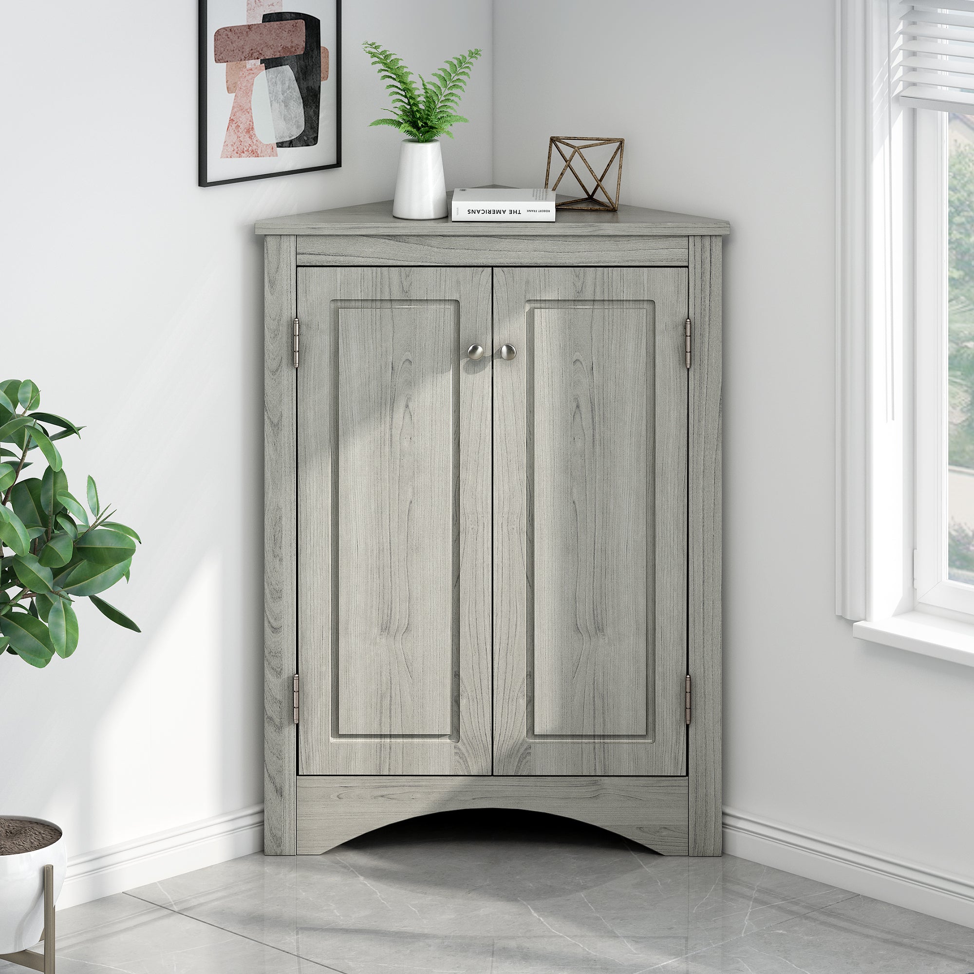 32" Wood 2-door Bathroom Corner Cabinet with Adjustable Shelves