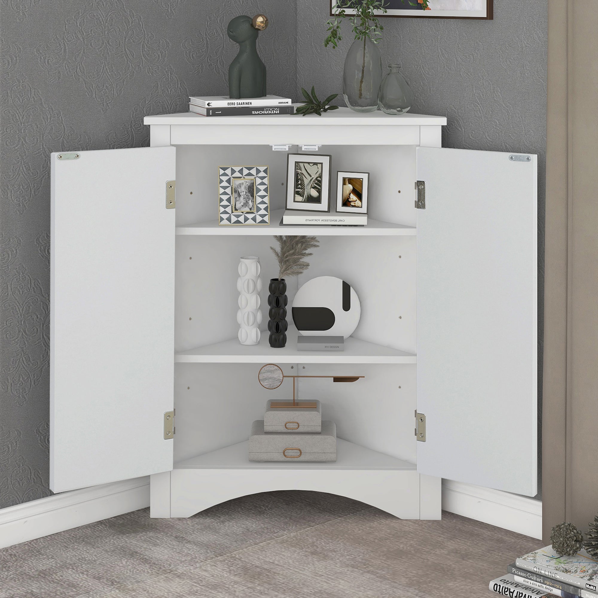32" Wood 2-door Bathroom Corner Cabinet with Adjustable Shelves