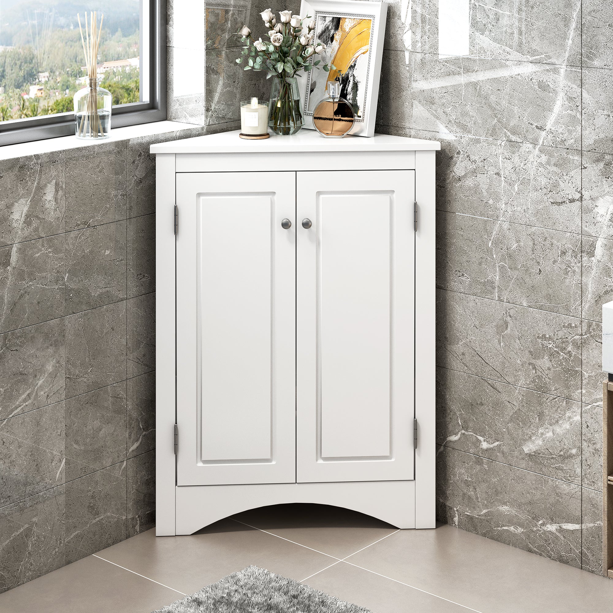 32" Wood 2-door Bathroom Corner Cabinet with Adjustable Shelves
