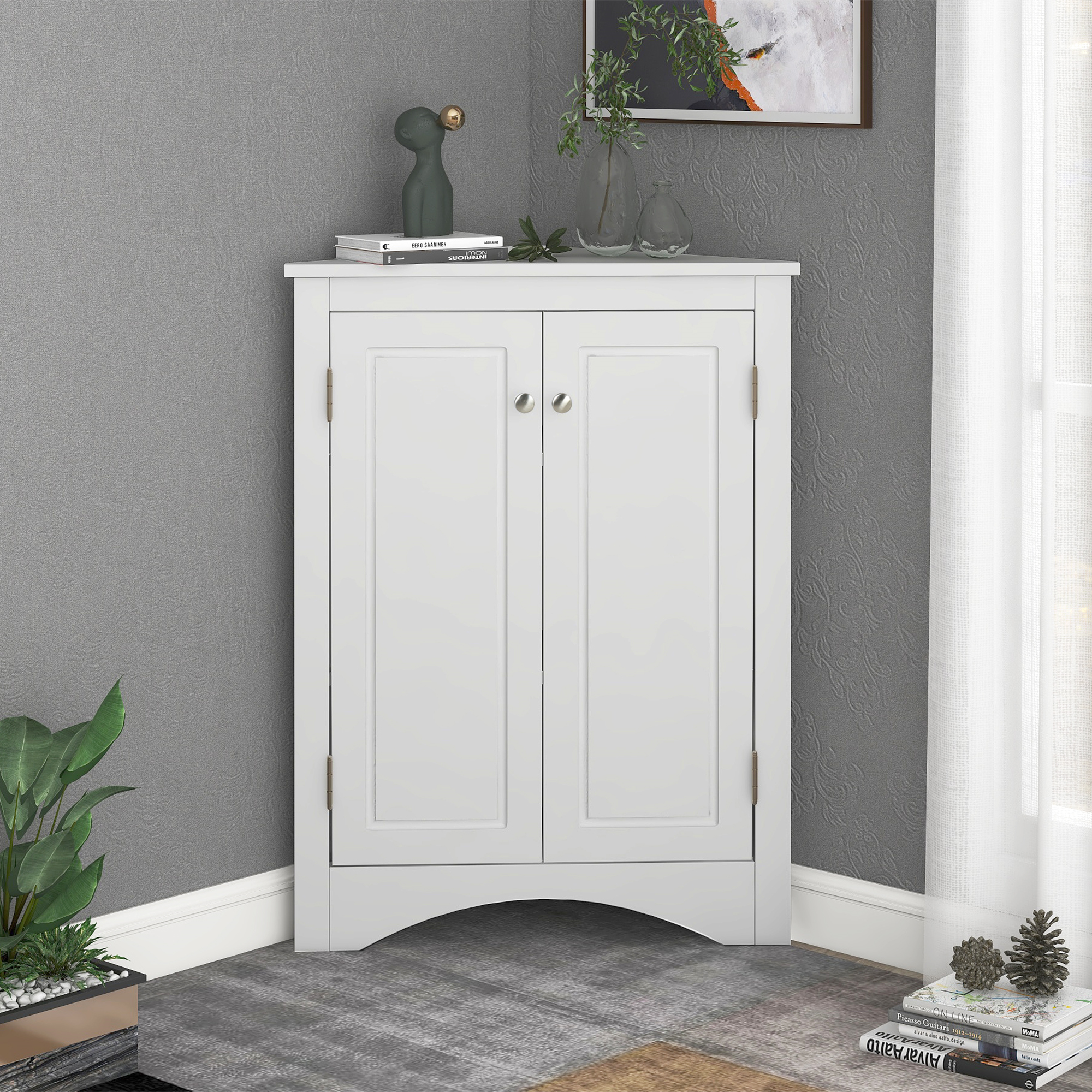 32" Wood 2-door Bathroom Corner Cabinet with Adjustable Shelves