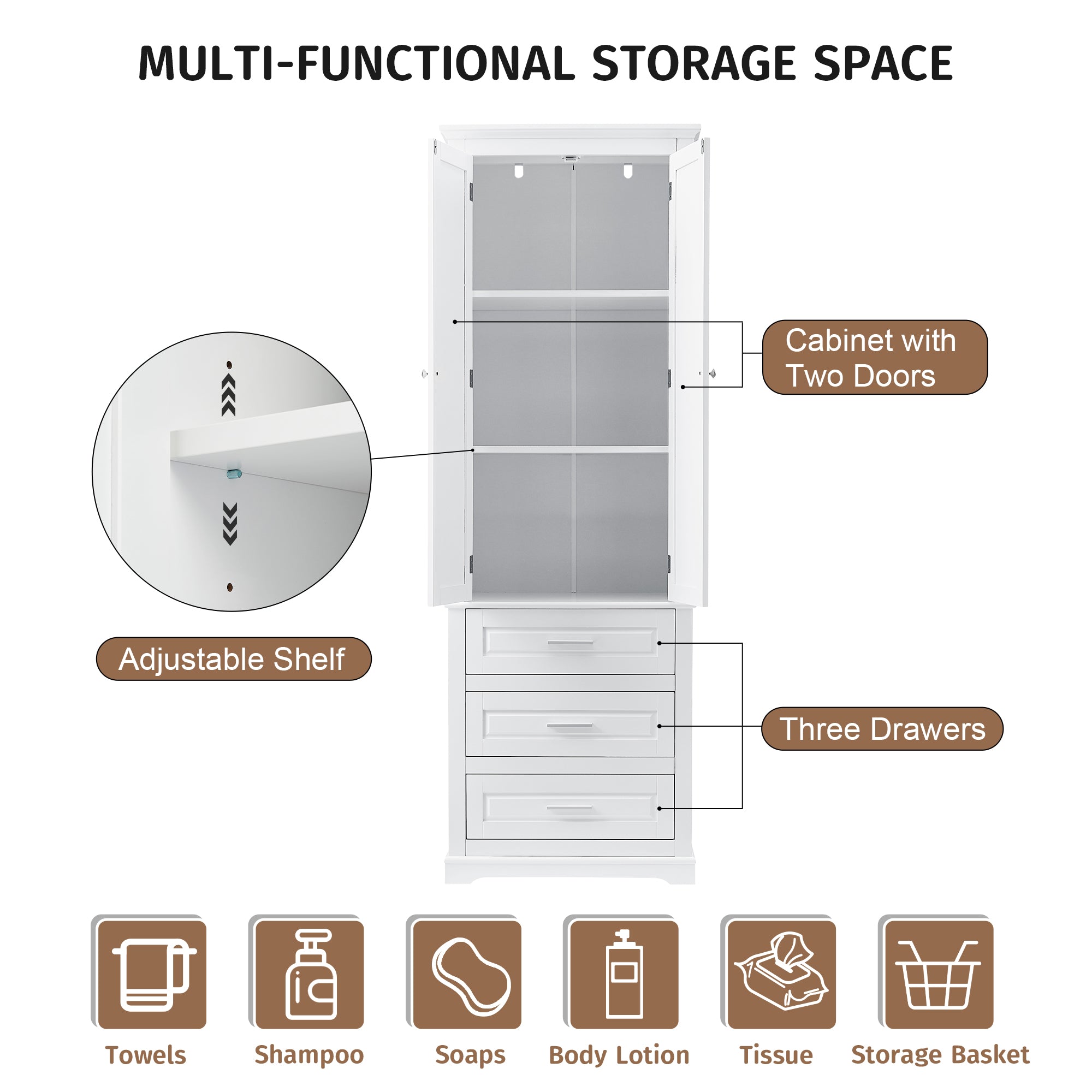 Tall Storage Cabinet with Three Drawers for Bathroom/Office