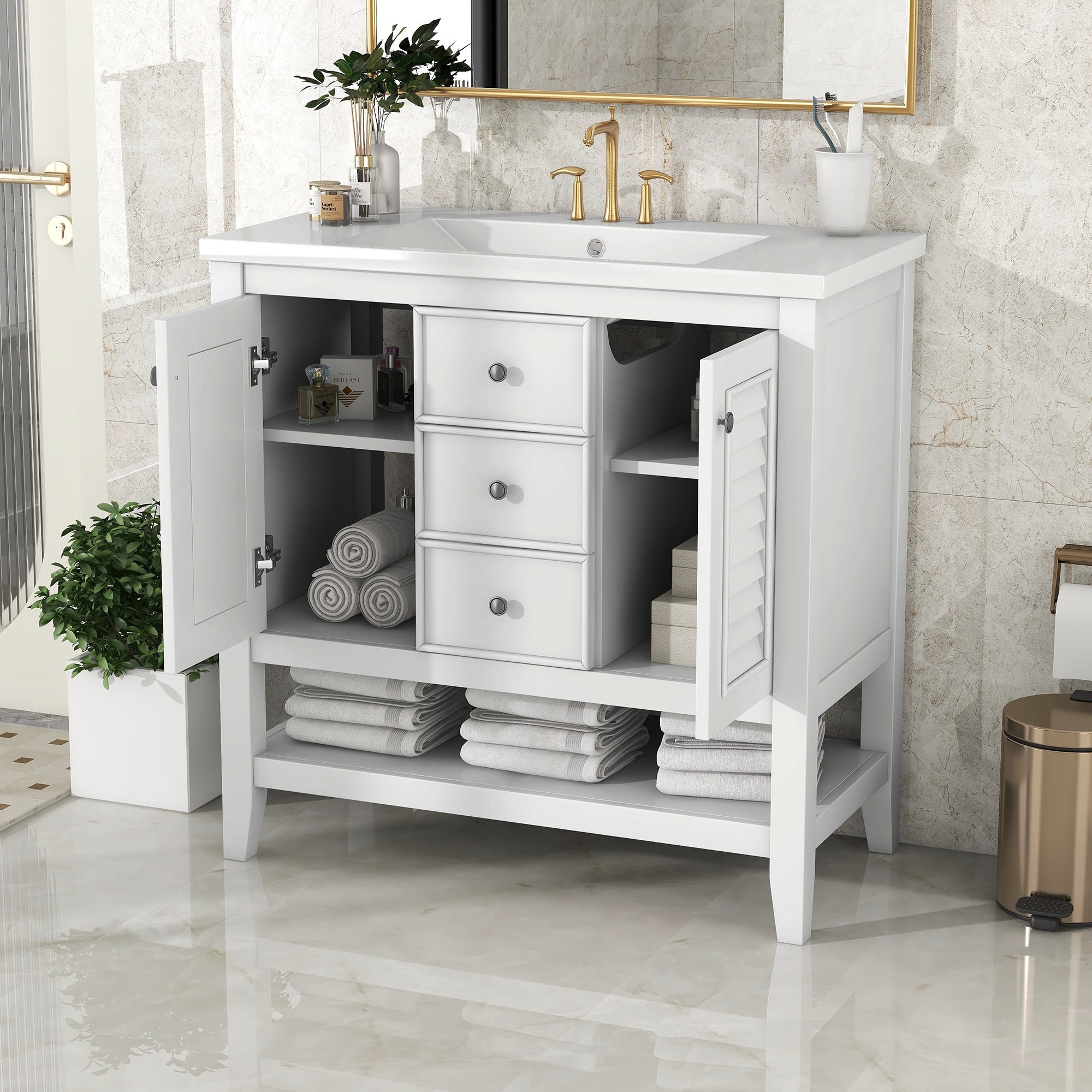 36 in. W x 18. in. D Bathroom Vanity in White with White Ceramic Sink