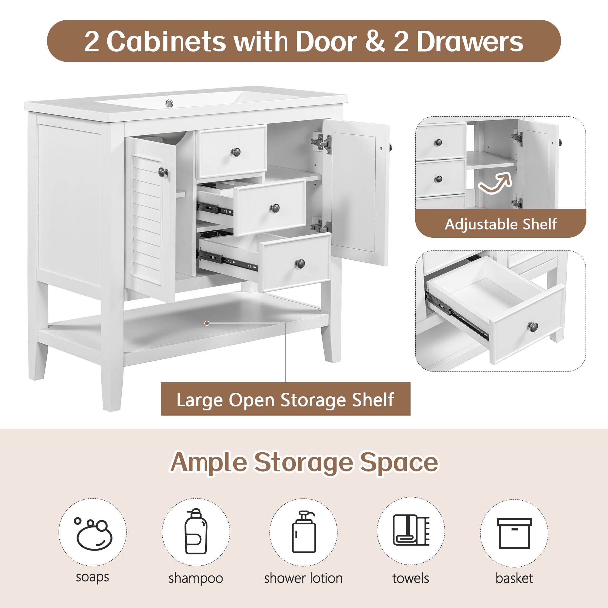 36 in. W x 18. in. D Bathroom Vanity in White with White Ceramic Sink