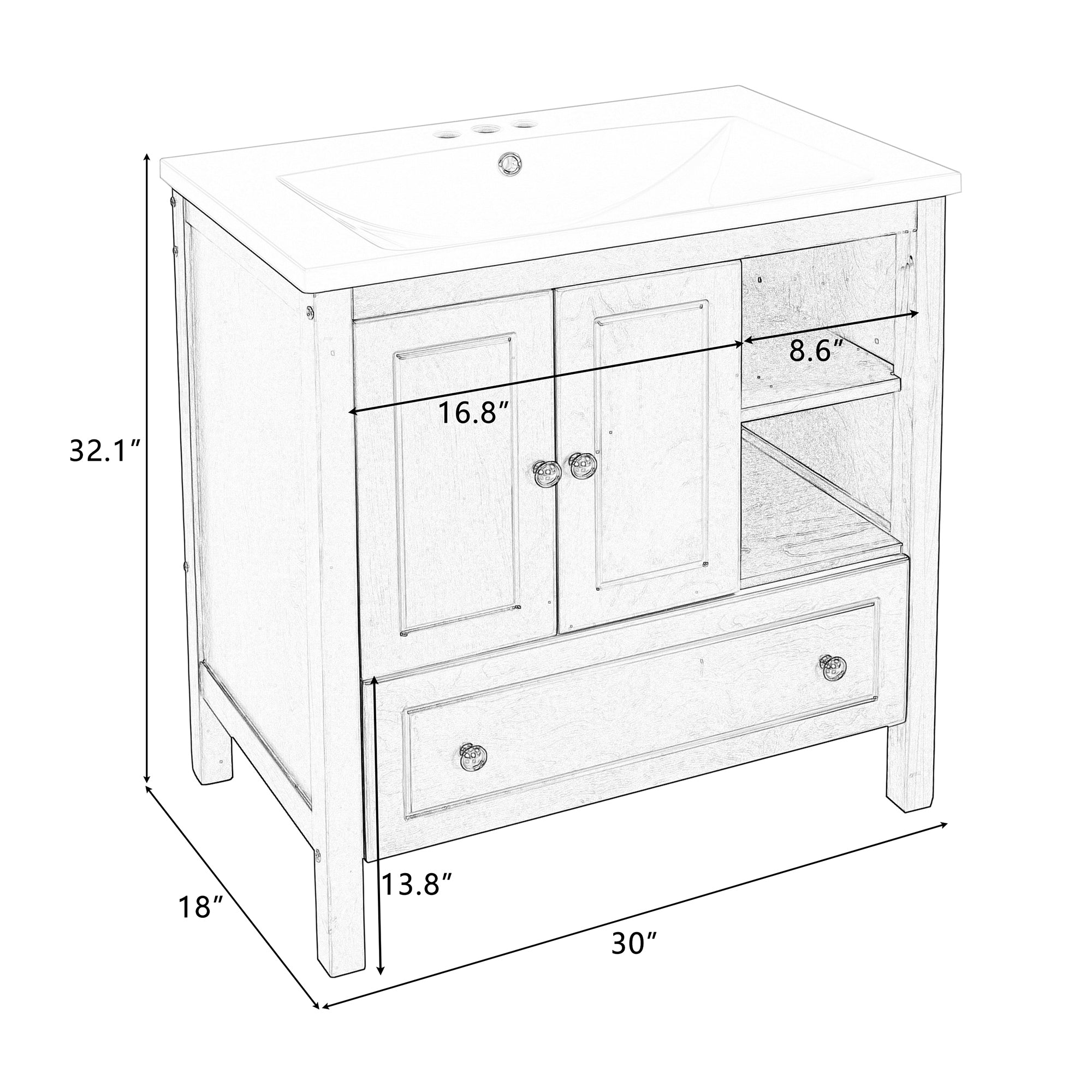 30 in. W x 18. in D. x 32 in. H Bath Vanity with White Ceramic Top