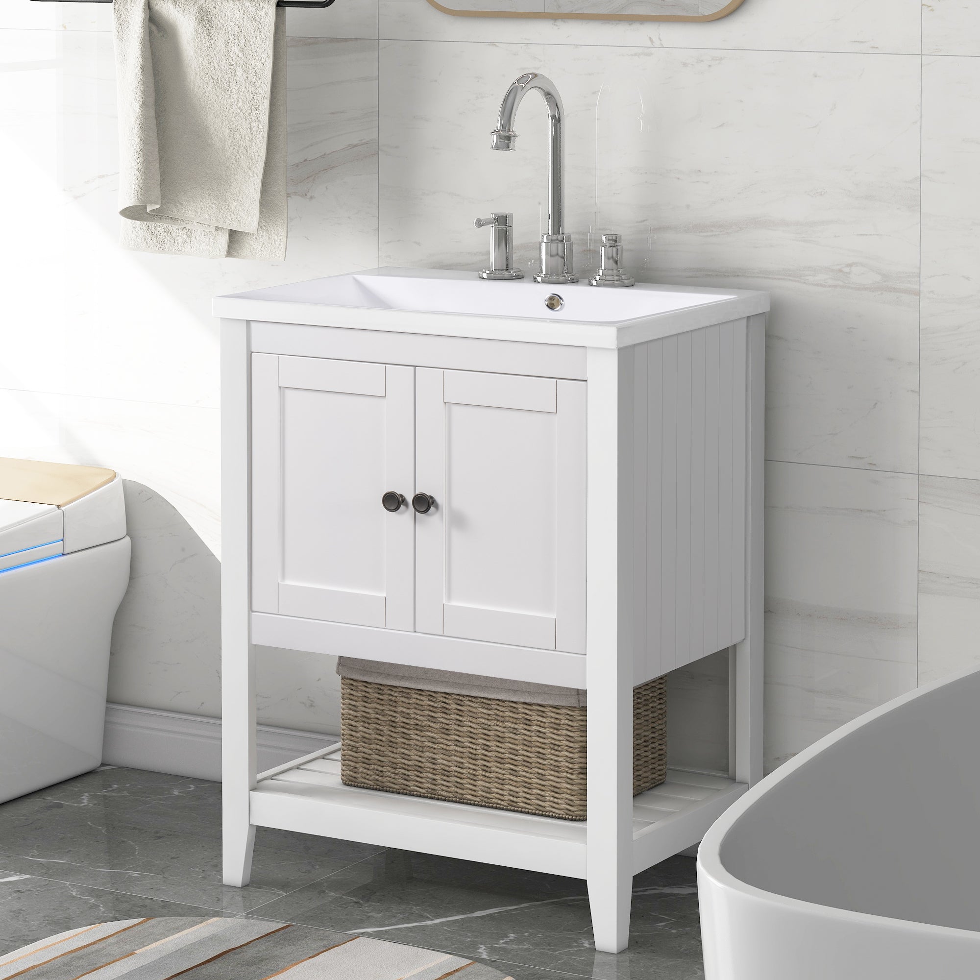 24" Wood Freestanding Bathroom Vanity with Integrated Ceramic Sink