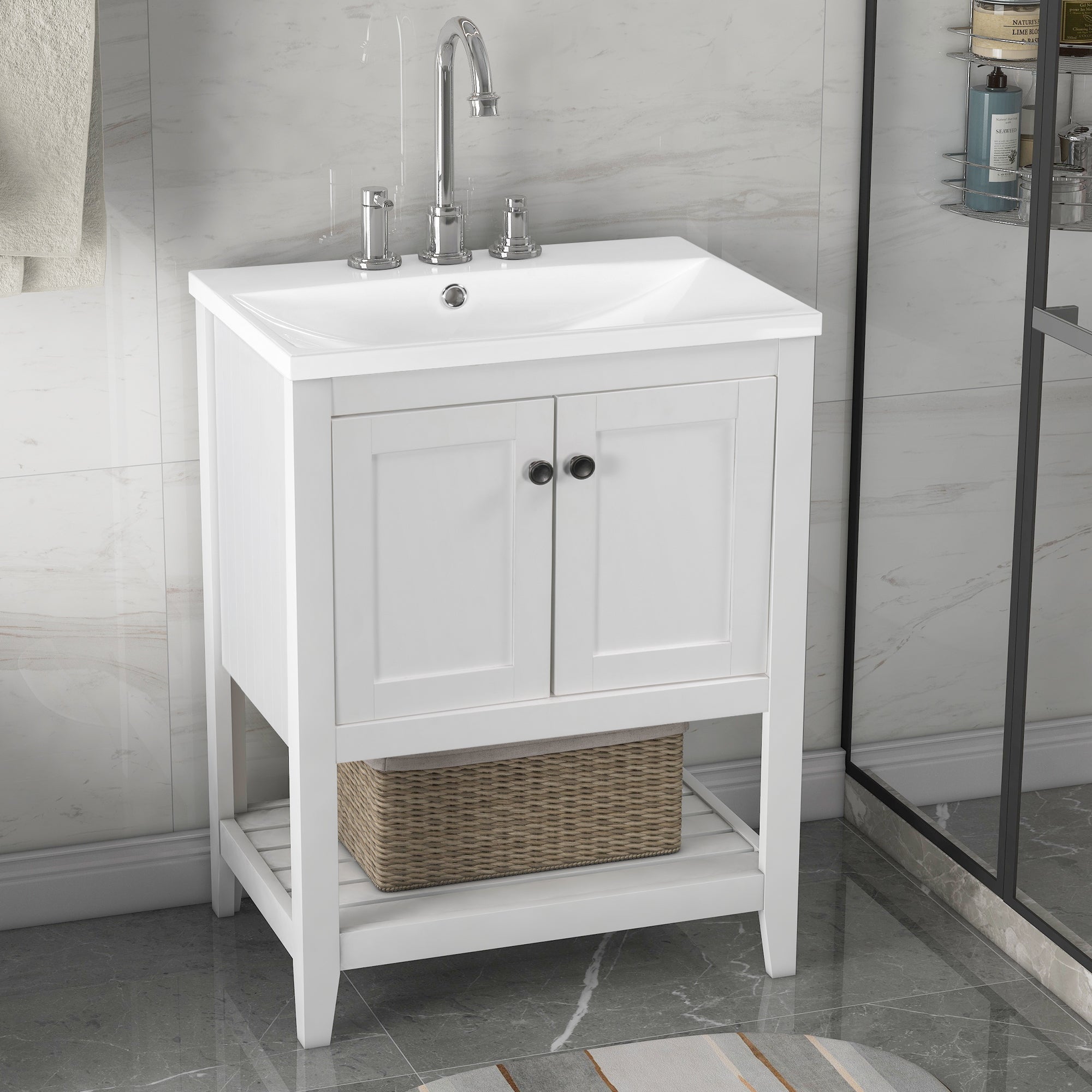 24" Wood Freestanding Bathroom Vanity with Integrated Ceramic Sink