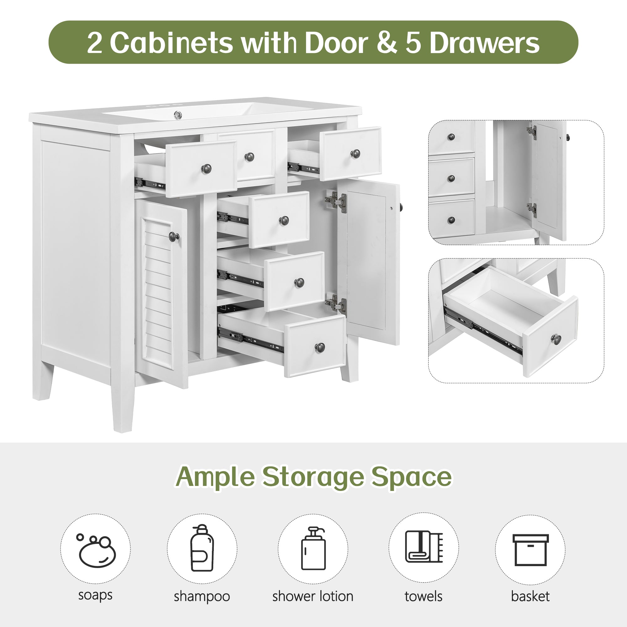 36 in. W x 18 in. D Bathroom Vanity in White with White Ceramic Sink