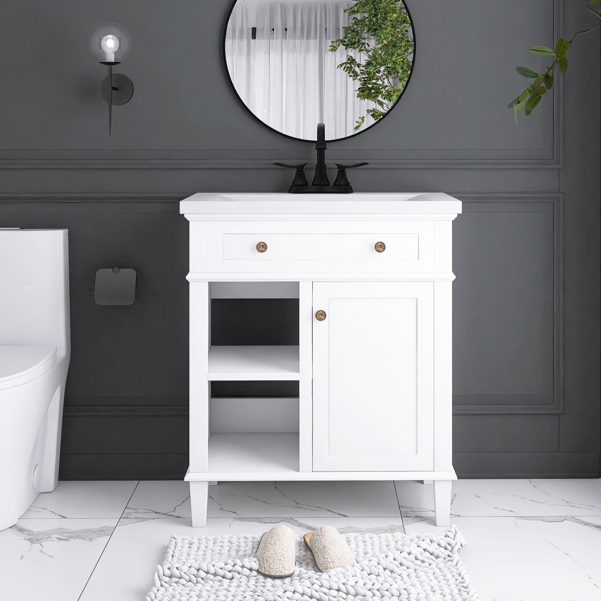 30 in. W x 18 in. D Bathroom Vanity in White with White Ceramic Sink