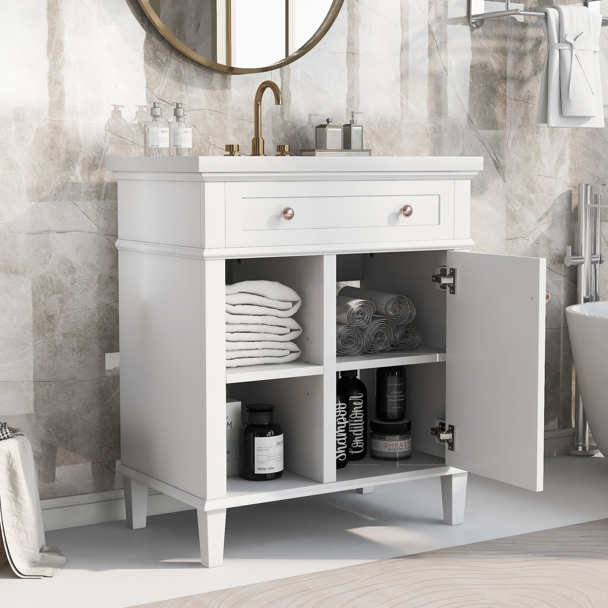 30 in. W x 18 in. D Bathroom Vanity in White with White Ceramic Sink