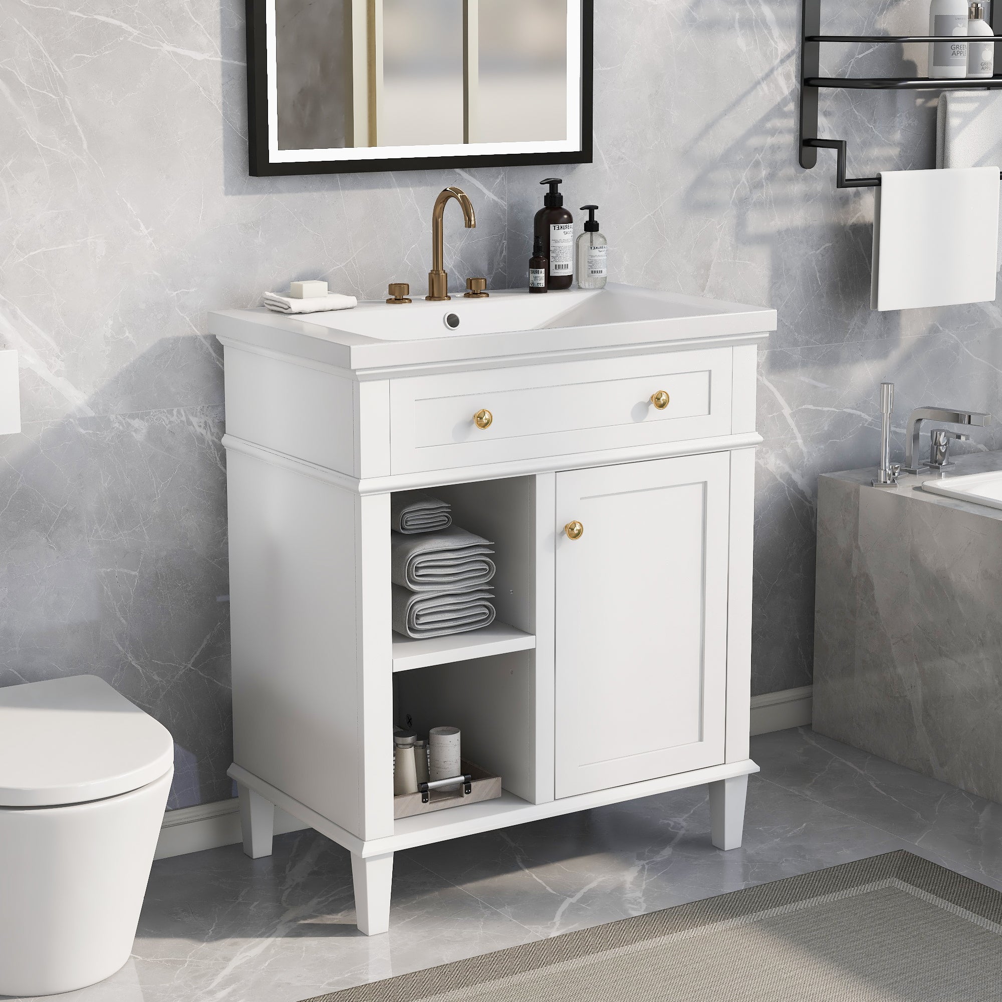 30 in. W x 18 in. D Bathroom Vanity in White with White Ceramic Sink