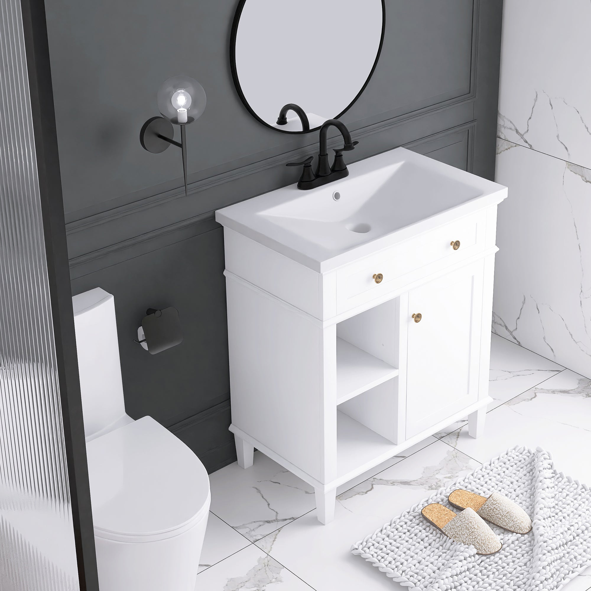 30 in. W x 18 in. D Bathroom Vanity in White with White Ceramic Sink