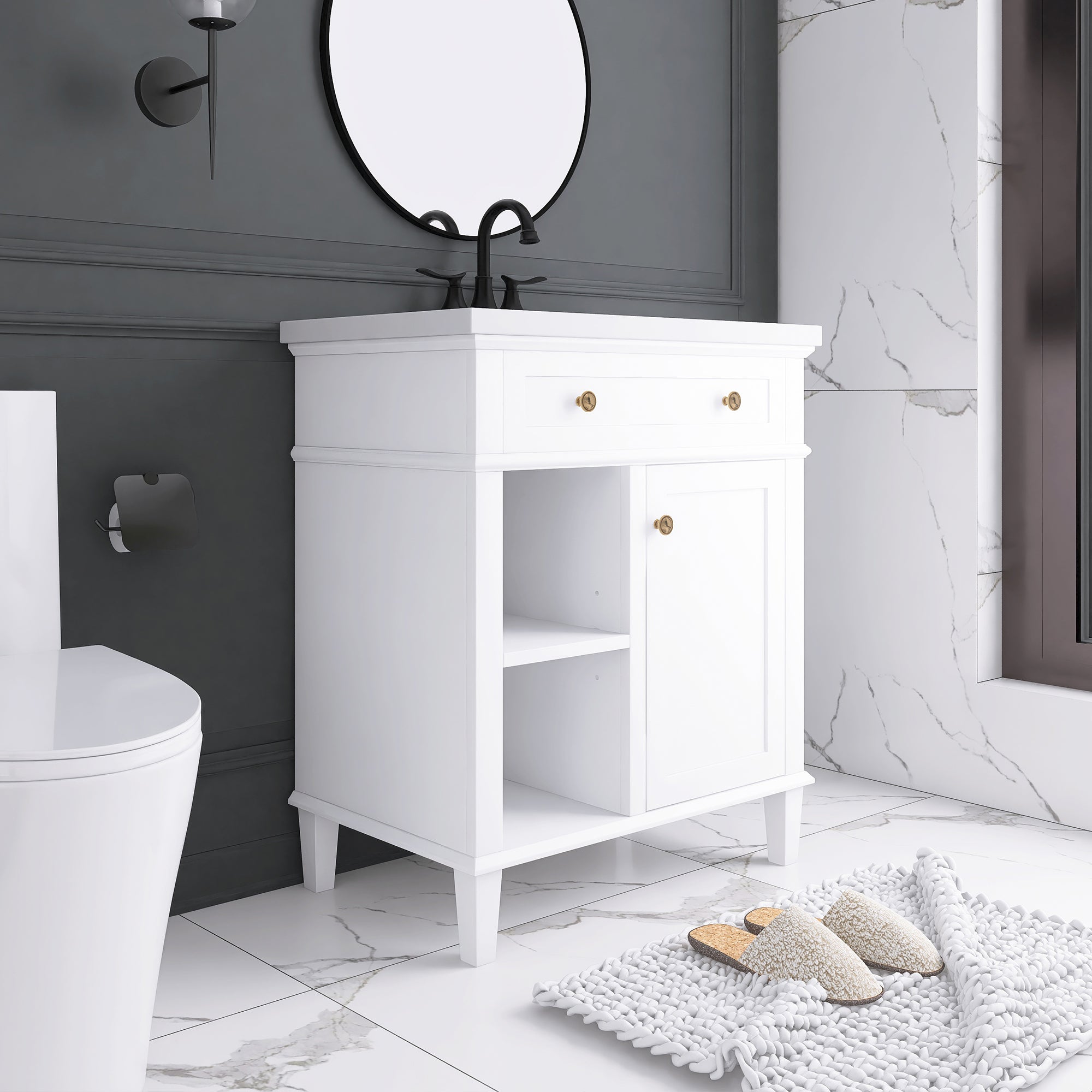 30 in. W x 18 in. D Bathroom Vanity in White with White Ceramic Sink