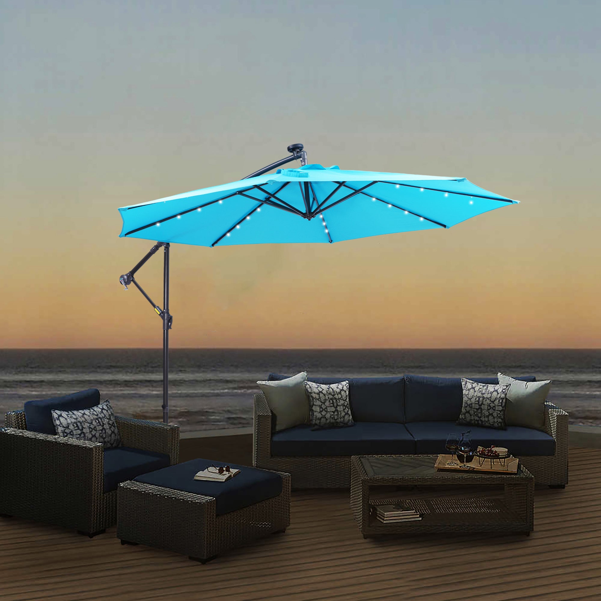 10' Steel Patio Hanging Cantilever Umbrella With 32 Solar LED Lights