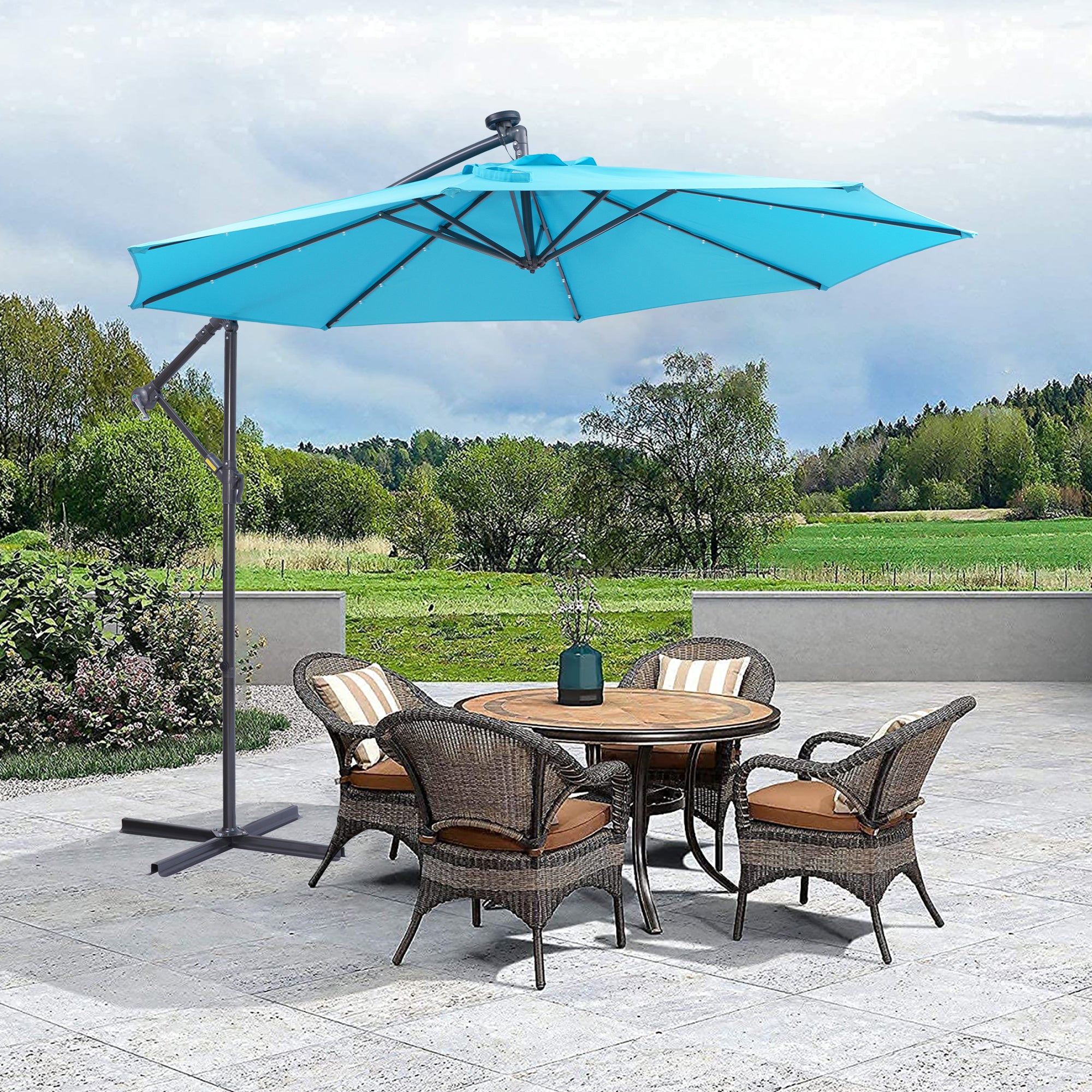 10' Steel Patio Hanging Cantilever Umbrella With 32 Solar LED Lights