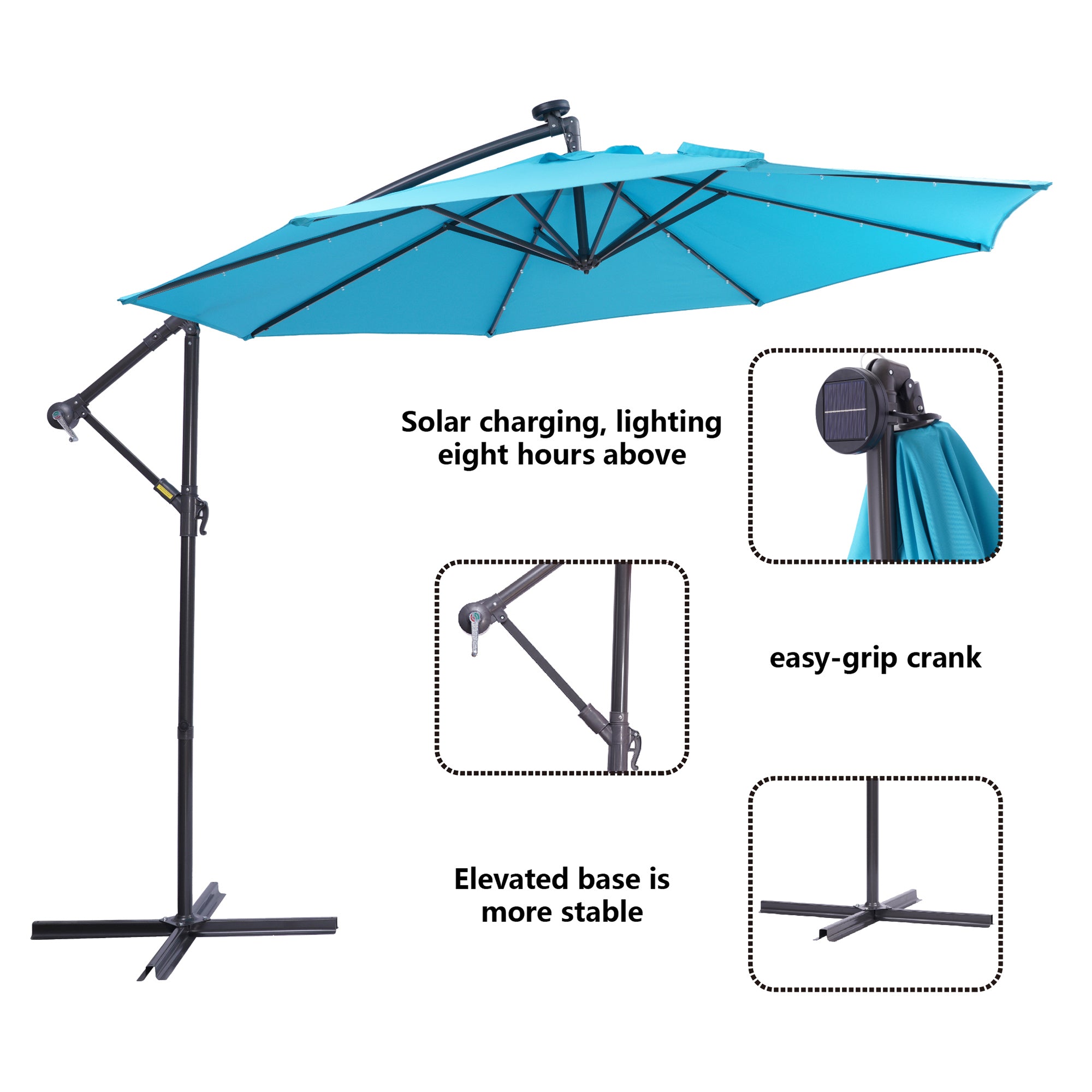 10' Steel Patio Hanging Cantilever Umbrella With 32 Solar LED Lights