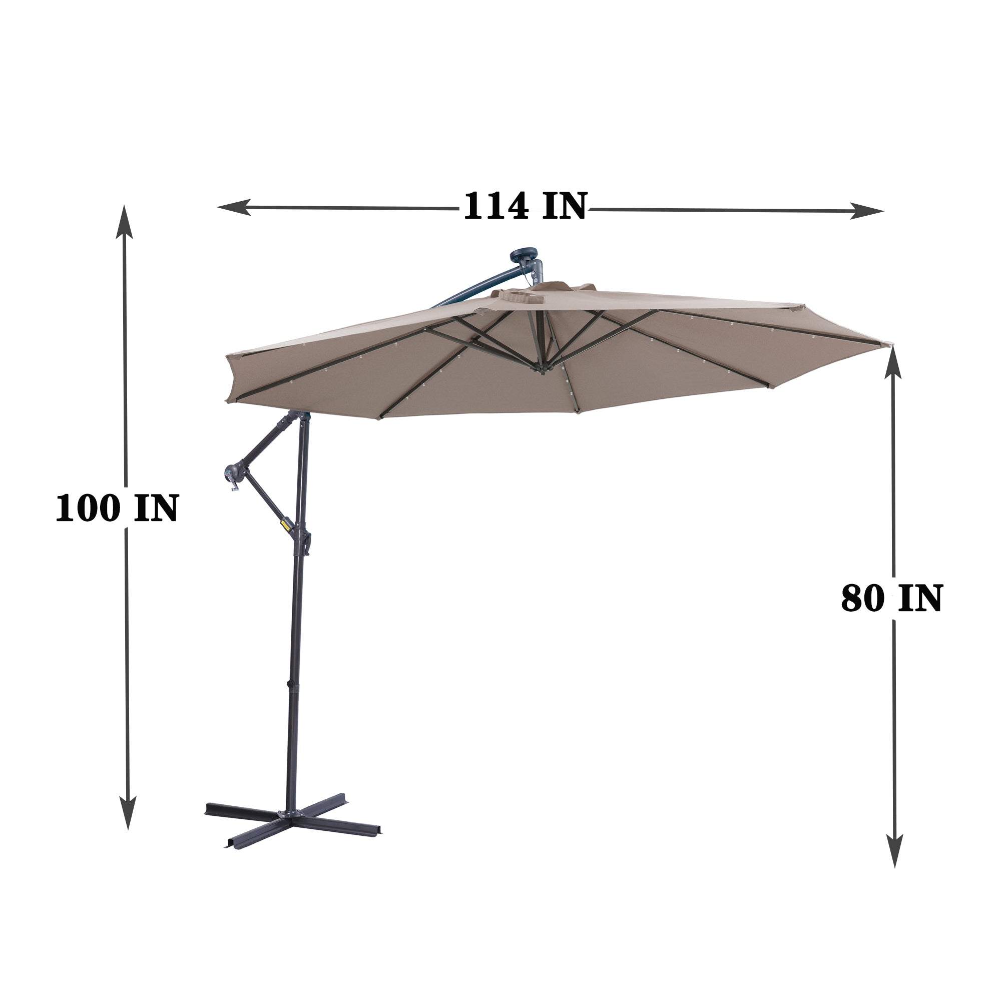 10' Steel Patio Hanging Cantilever Umbrella With 32 Solar LED Lights