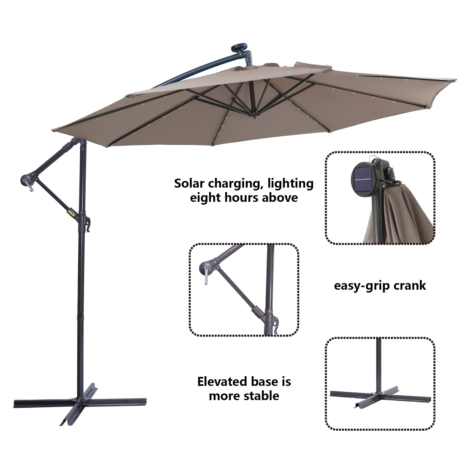 10' Steel Patio Hanging Cantilever Umbrella With 32 Solar LED Lights