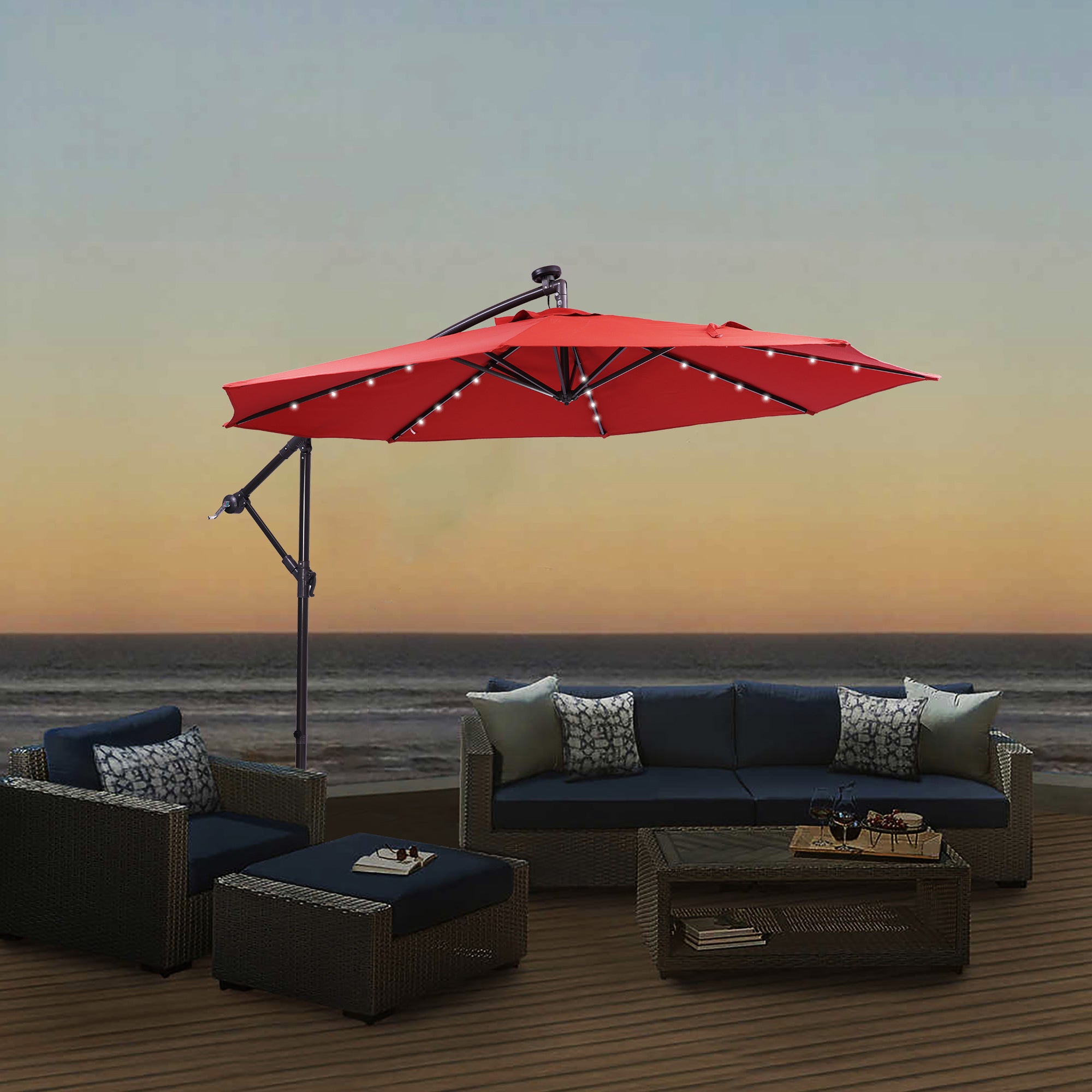 10' Steel Patio Hanging Cantilever Umbrella With 32 Solar LED Lights