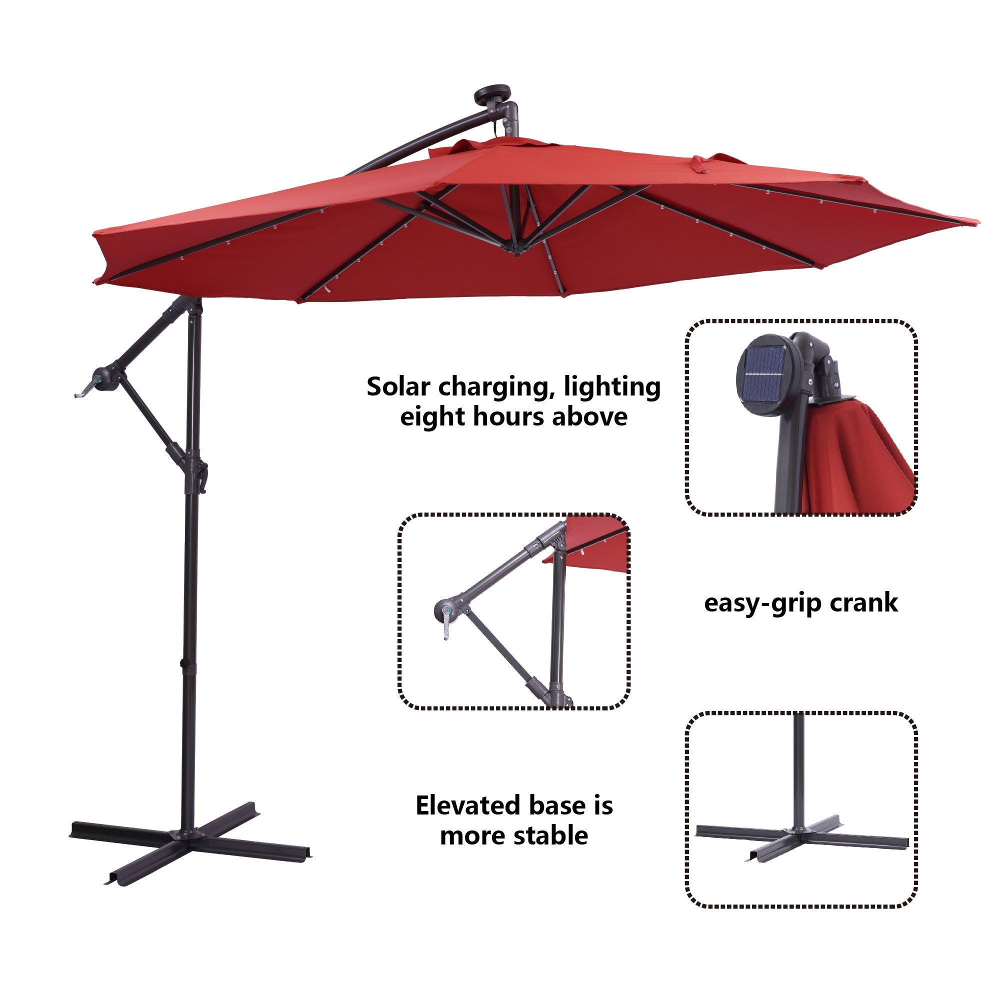 10' Steel Patio Hanging Cantilever Umbrella With 32 Solar LED Lights