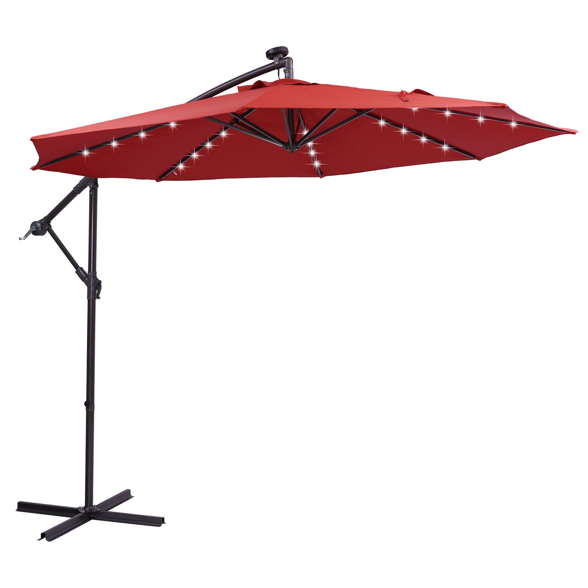 10' Steel Patio Hanging Cantilever Umbrella With 32 Solar LED Lights