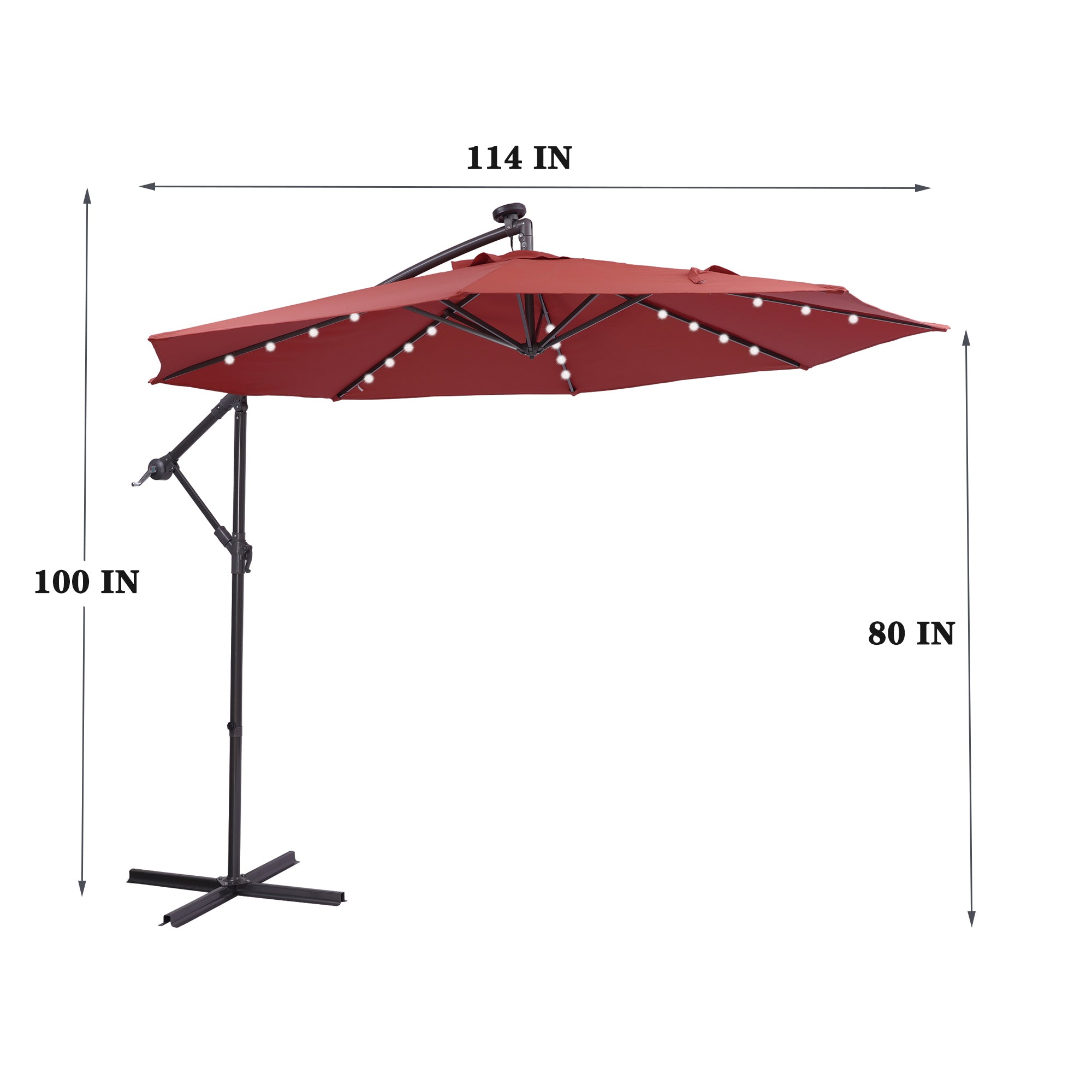 10' Steel Patio Hanging Cantilever Umbrella With 32 Solar LED Lights