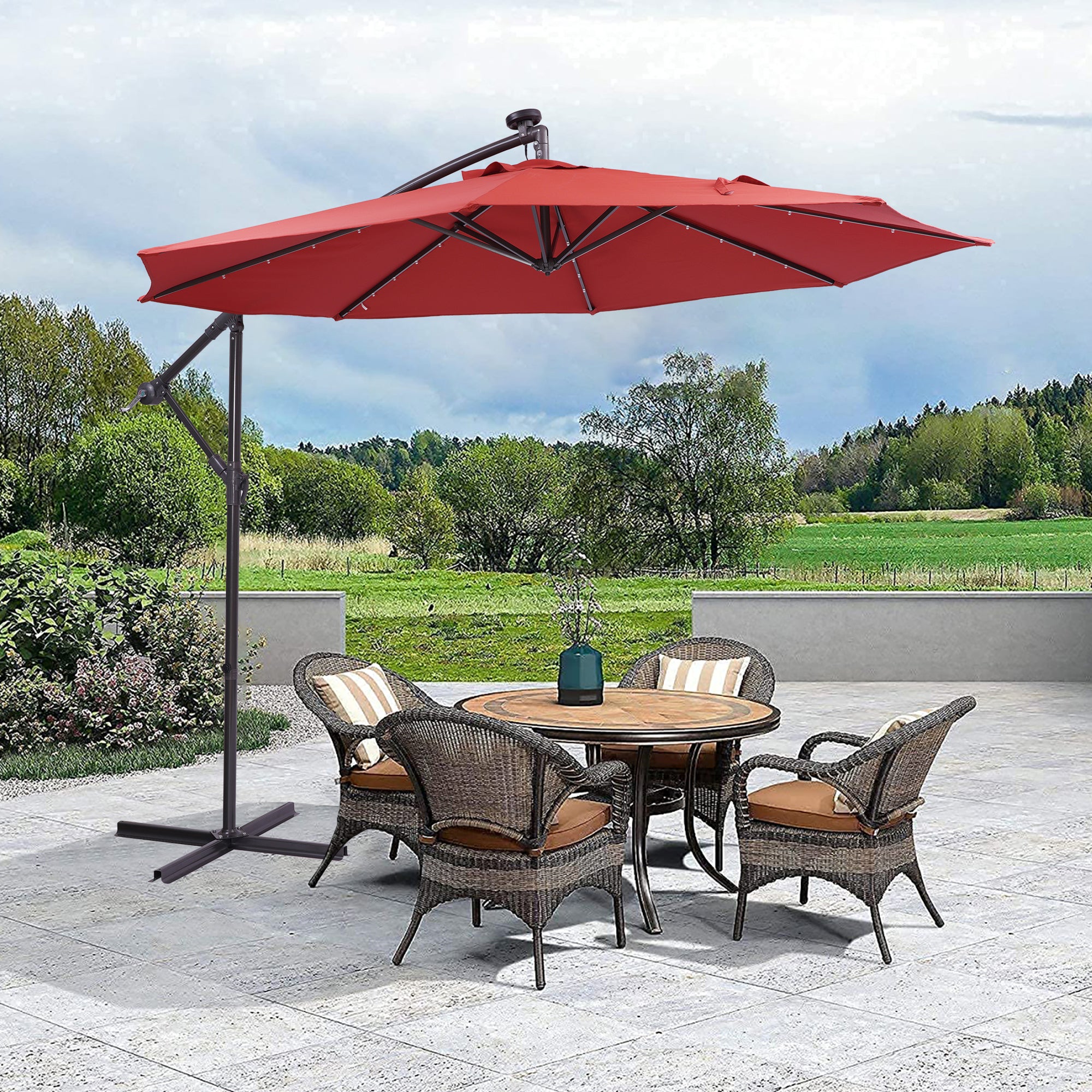 10' Steel Patio Hanging Cantilever Umbrella With 32 Solar LED Lights