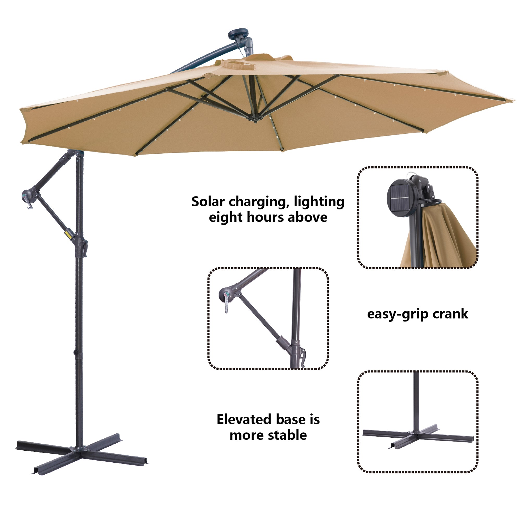 10' Steel Patio Hanging Cantilever Umbrella With 32 Solar LED Lights