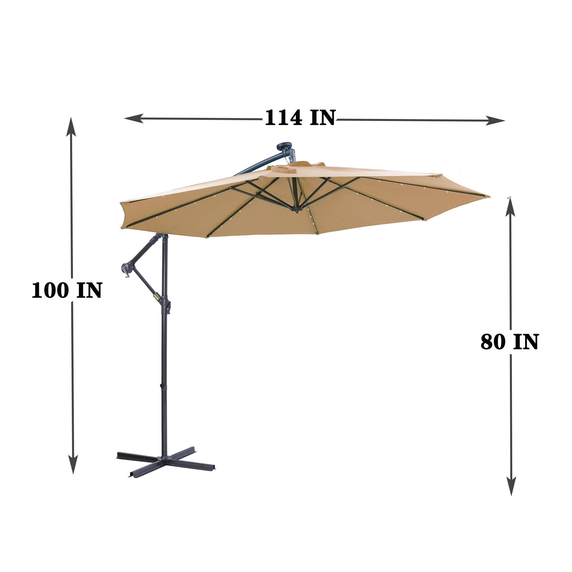 10' Steel Patio Hanging Cantilever Umbrella With 32 Solar LED Lights