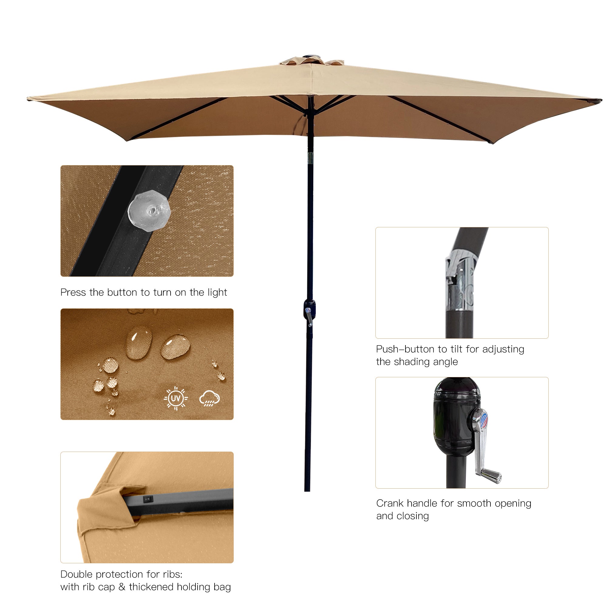 10' Outdoor Patio Rectangular Umbrella With Solar LED Lights