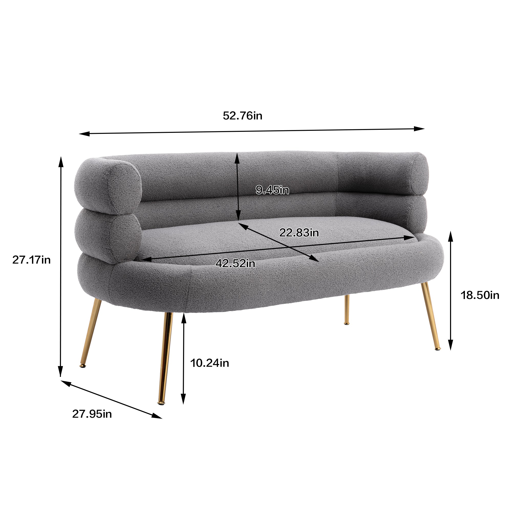 53" Round Arm Settee with Metal Legs