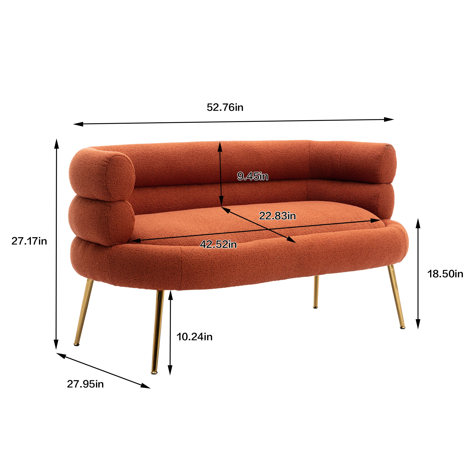 53" Round Arm Settee with Metal Legs
