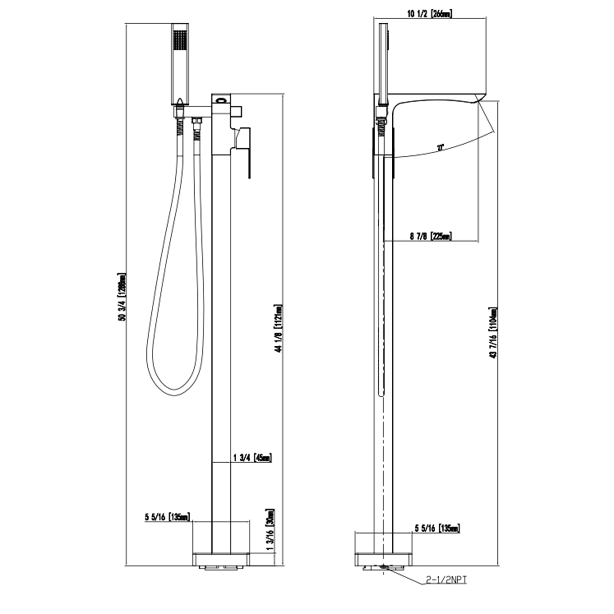 Single Handle Floor Mounted Tub Faucet in Chrome with Handheld Shower