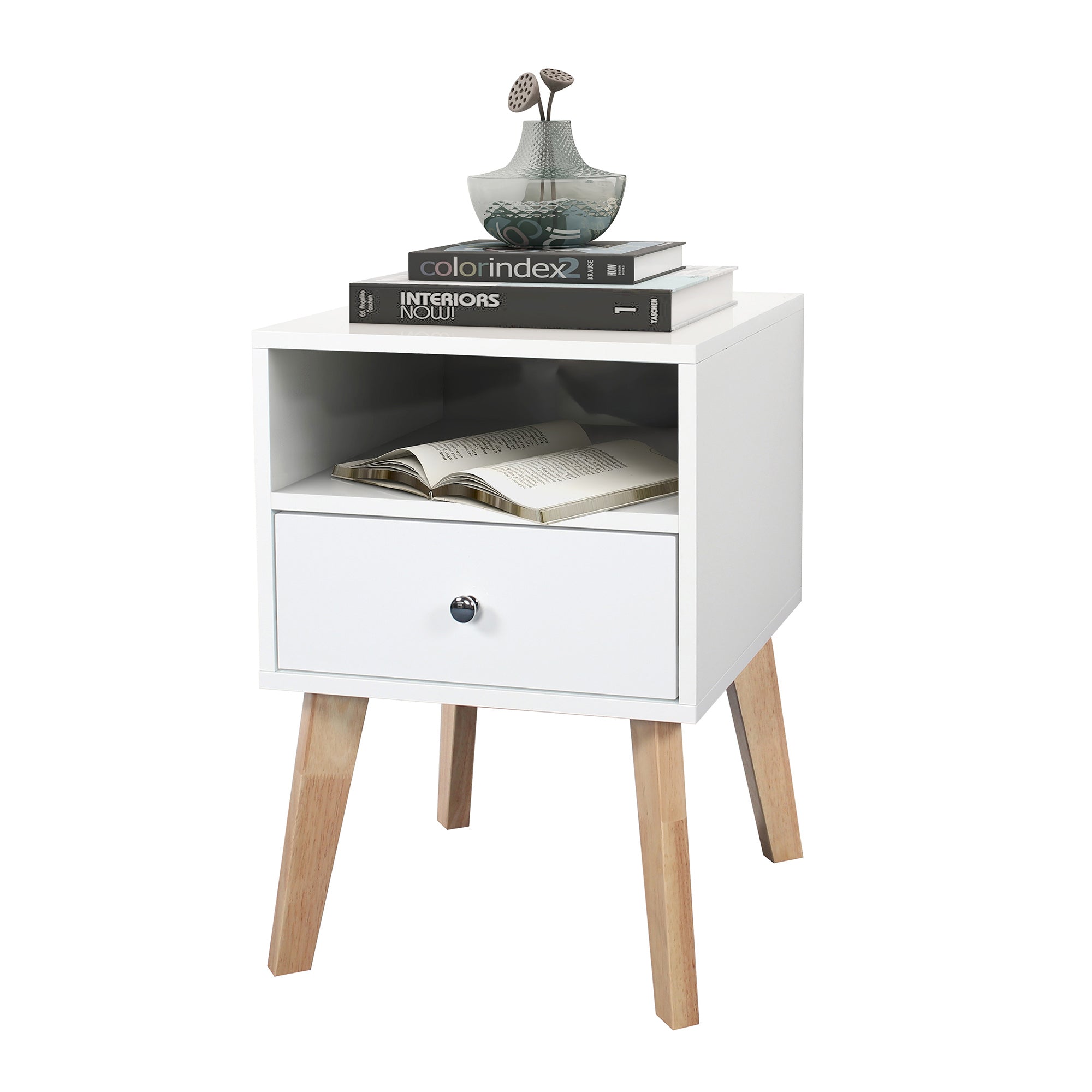22" Tall 1 Drawer Solid Wood Nightstand with Open Shelves
