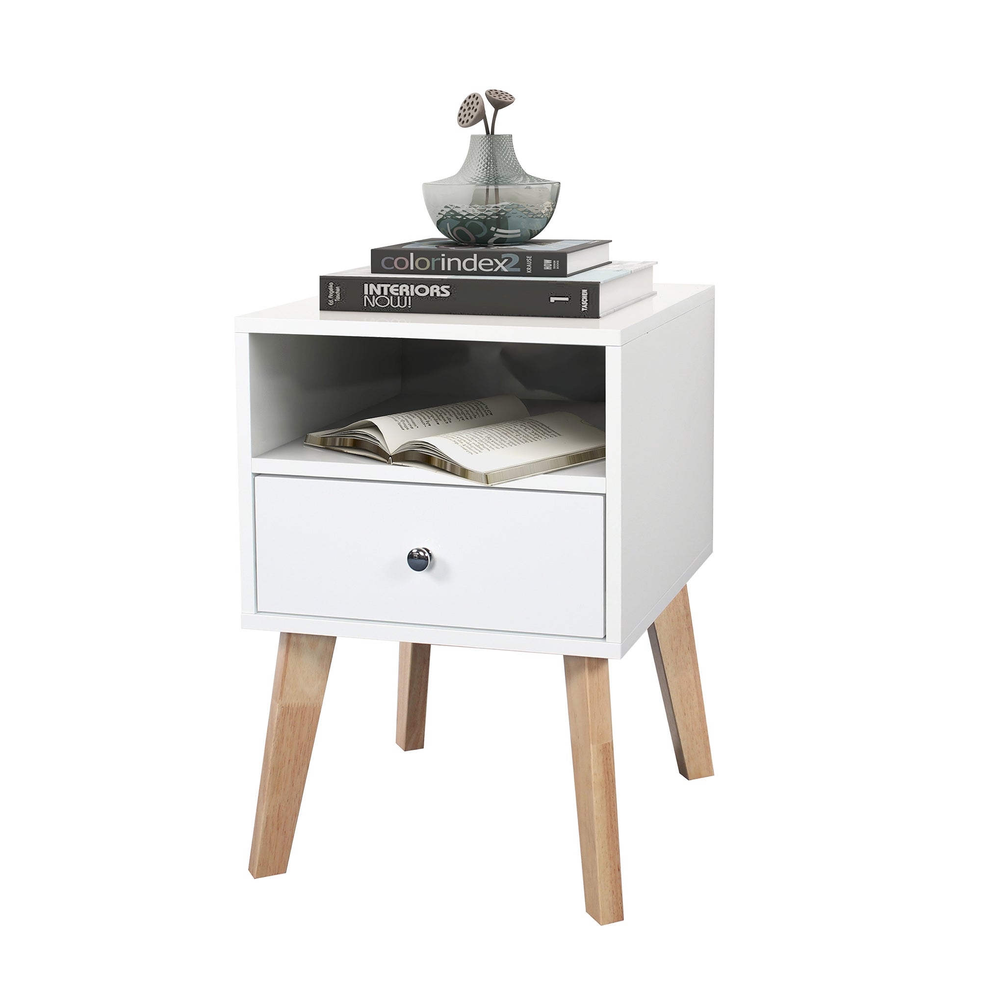 22" Tall 1 Drawer Solid Wood set 2 Nightstands with Open Shelves