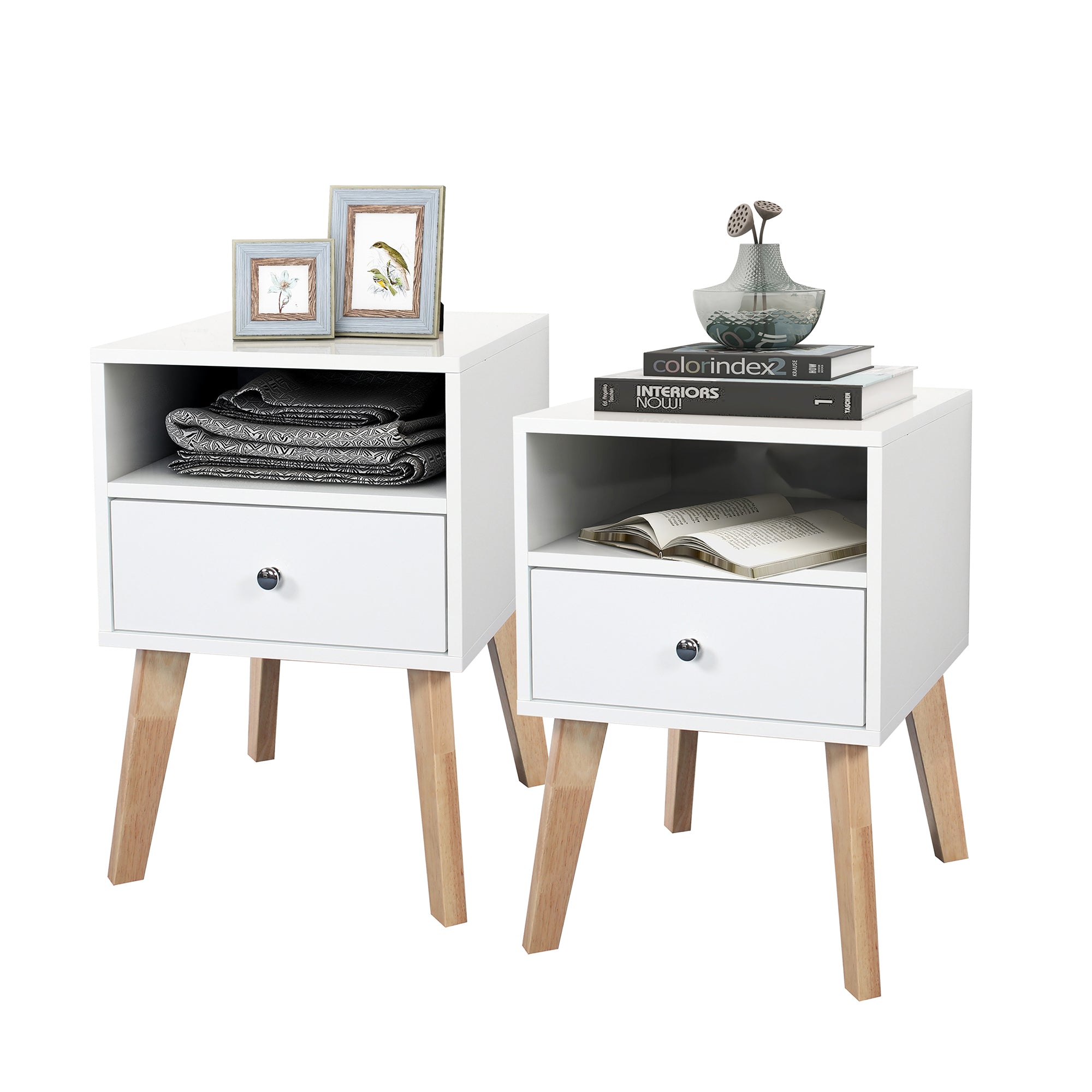 22" Tall 1 Drawer Solid Wood set 2 Nightstands with Open Shelves