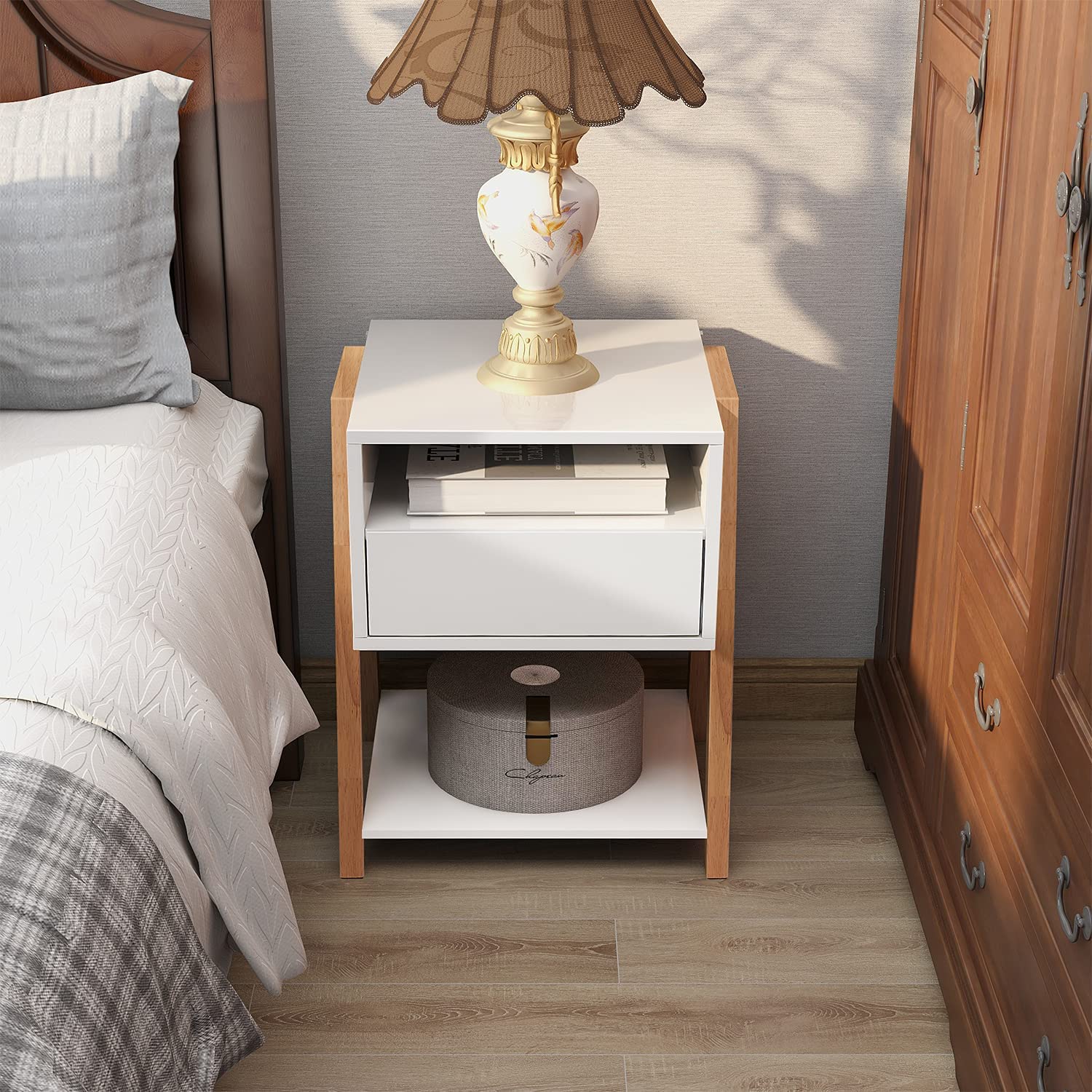 22" Tall 1 Drawer Solid Wood Nightstand with 2 Open Shelves