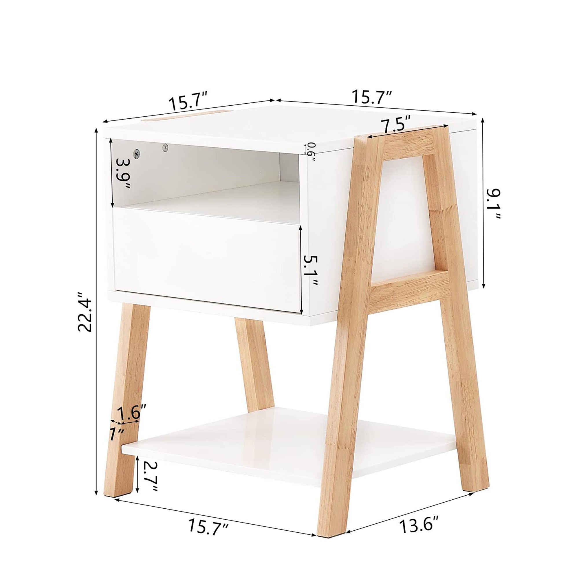 22" Tall 1 Drawer Solid Wood Nightstand with 2 Open Shelves