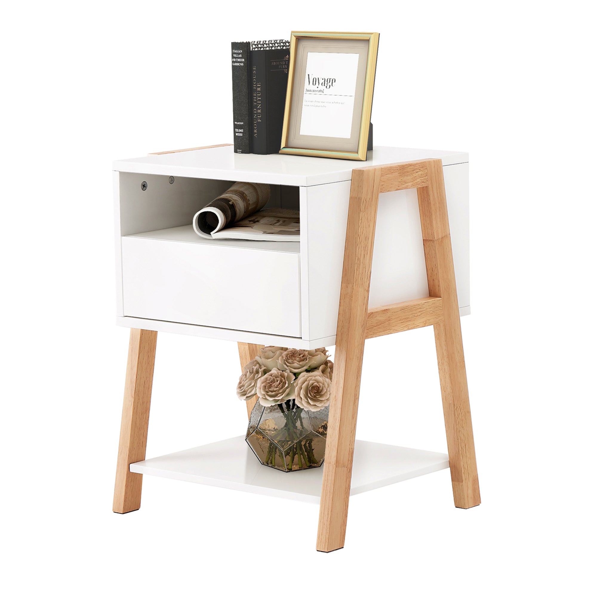 22" Tall 1 Drawer Solid Wood Nightstand with 2 Open Shelves