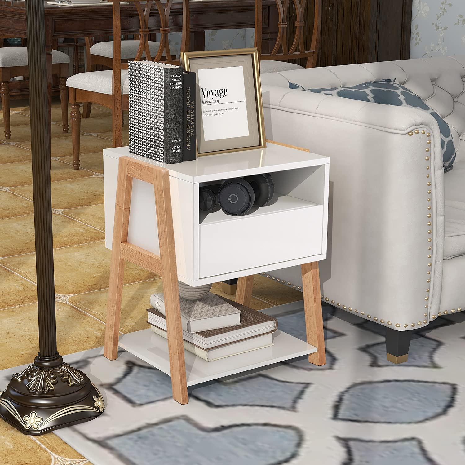 22" Tall 1 Drawer Solid Wood Nightstand with 2 Open Shelves