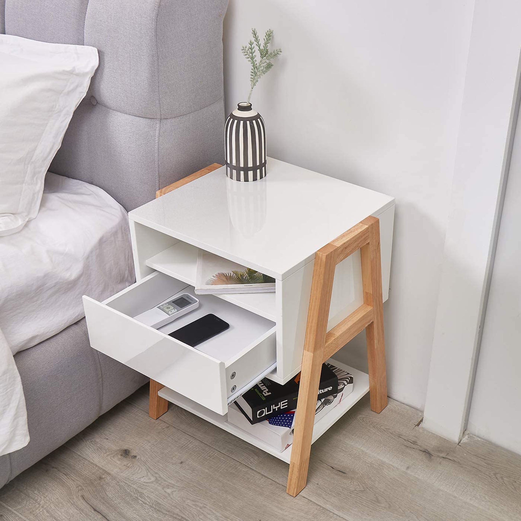 22" Tall 1 Drawer Solid Wood Nightstand with 2 Open Shelves